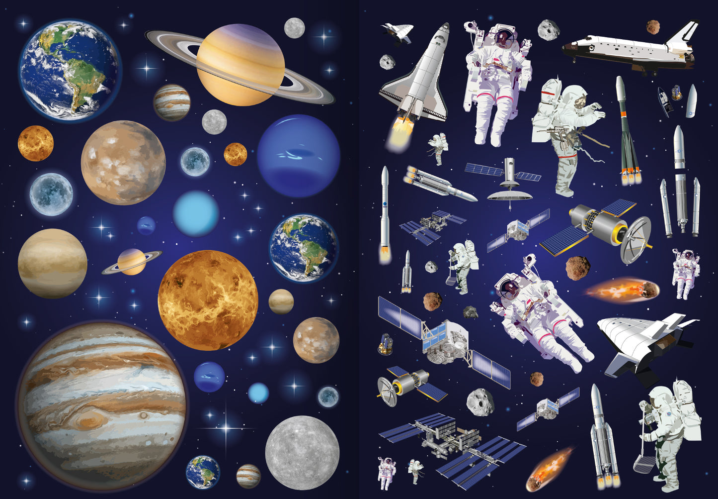 Gezeigt wird eine Innen- oder Zusatzansicht von „Meine Sticker – Mond und Weltraum“. Die Darstellung zeigt eine Vielzahl von Planeten, Raumschiffen und Astronauten auf einem tiefblauen Hintergrund, der mit funkelnden Sternen gespickt ist. Die Planeten sind in leuchtenden Farben wie Orange, Gelb und Blau gehalten, während die Raumfahrzeuge detailliert und teilweise realistisch gestaltet sind. Die Typografie ist klar und modern, passend zur Thematik des Weltraums.