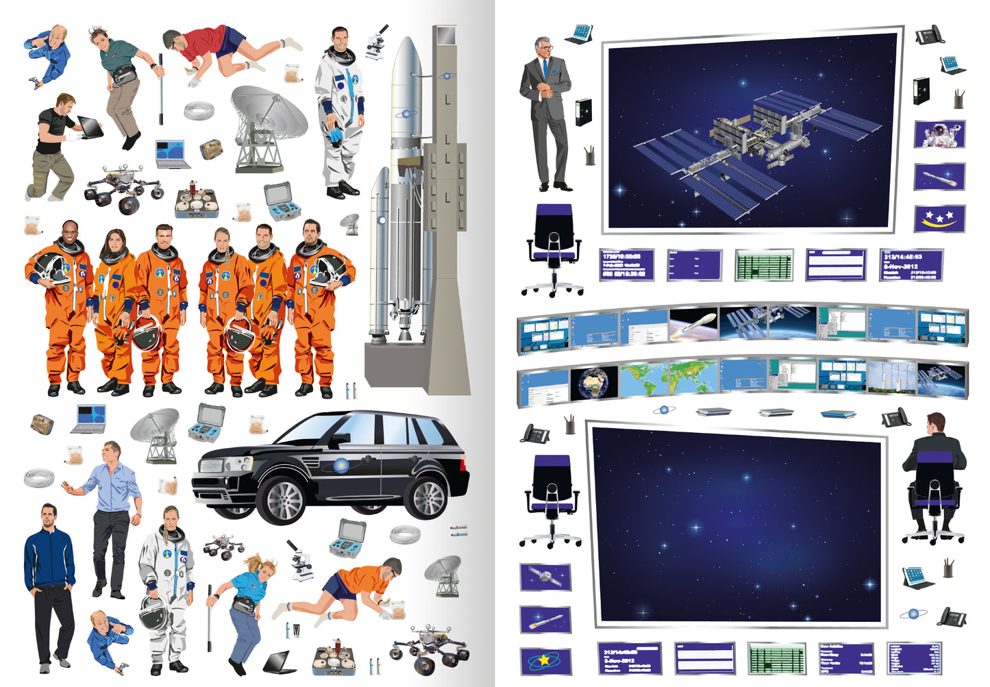 Gezeigt wird eine Innen- oder Zusatzansicht von „Meine Sticker – Mond und Weltraum“. Die Darstellung umfasst eine Vielzahl von Stickern, die Astronauten in orangefarbener Uniform, Raumstationen und technische Geräte zeigen. Auf der linken Seite sind Menschen in verschiedenen Posen abgebildet, darunter ein SUV und Satelliten. Der Hintergrund ist überwiegend in dunklem Blau gehalten, mit grafischen Elementen und wissenschaftlichen Bildern in leuchtenden Farben. Die Typografie ist modern...