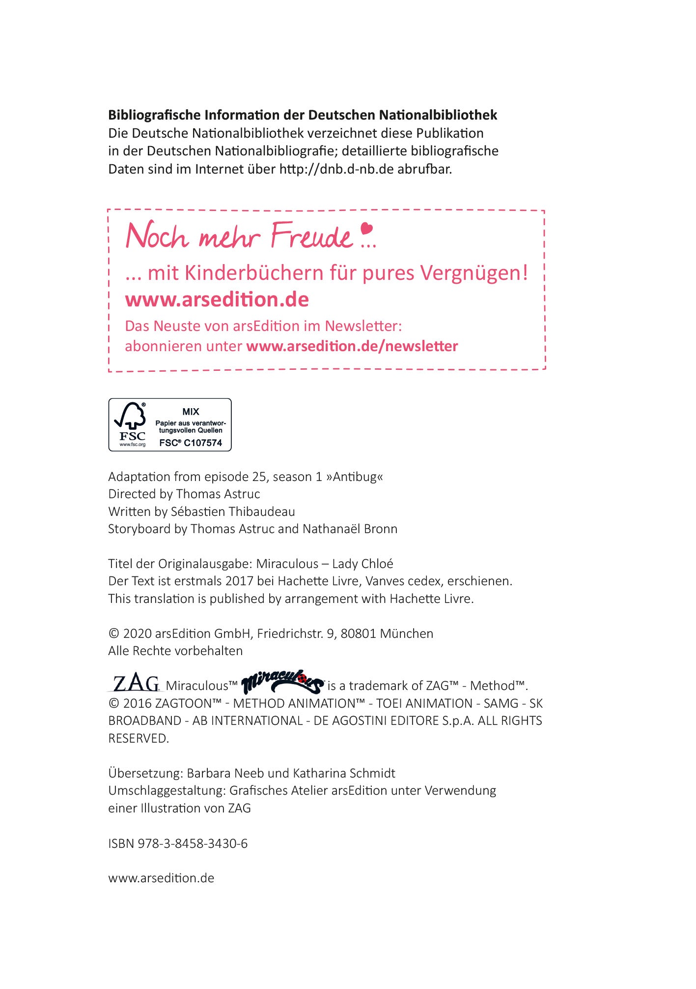 Gezeigt wird eine Innen- oder Zusatzansicht von „Miraculous – Lady Chloé“. Die Seite enthält bibliografische Informationen und Hinweise zur Veröffentlichung. Der Text ist in klarer, gut lesbarer Typografie in Schwarz gehalten.