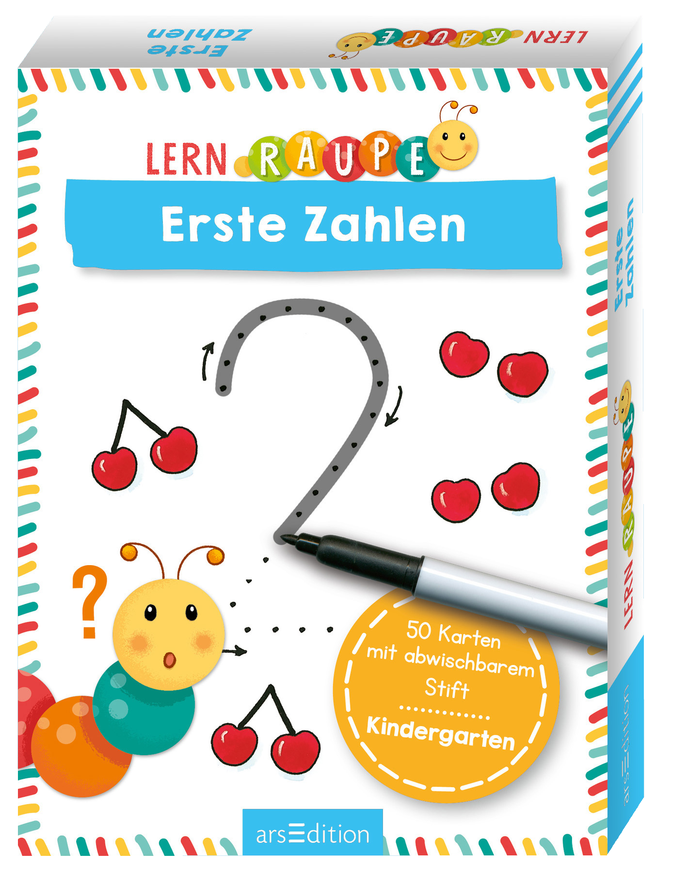 Das Buchcover zeigt eine freundliche, cartoonhafte Raupe in bunten Farben, die in verschiedenen Segmente unterteilt ist. Über ihr steht in bunten Buchstaben: „LERN RAUPE“. Darunter folgt der Titel „Erste Zahlen“ in einer klaren, blauen Schrift. Es sind einige verspielte Illustrationen von Kirschen und einem Fragezeichen abgebildet, die die Neugier der Kinder anregen. In der unteren Ecke sind die Inhalte „50 Karten mit abwischbarem Stift“ und „Kindergarten“ zu sehen. Ganz unten...