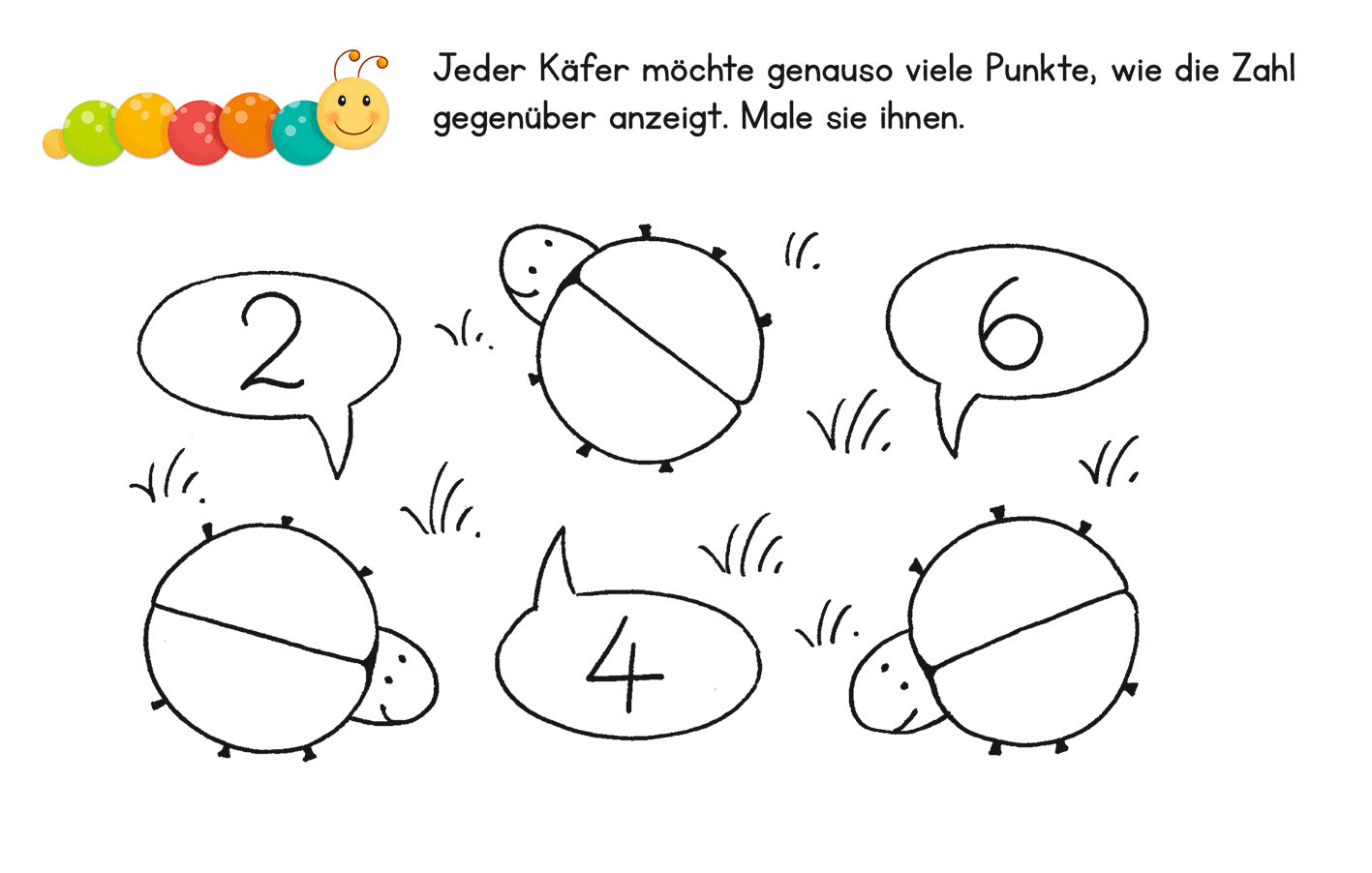 Gezeigt wird eine Innen- oder Zusatzansicht von „Lernraupe – Erste Zahlen“. Die Illustration zeigt mehrere Käfer mit Sprechblasen, in denen die Zahlen 2, 4 und 6 abgebildet sind. Jeder Käfer ist simpel gezeichnet und hat kleine, runde Körper sowie Kopf und Beine. Der Hintergrund ist schlicht mit wenigen Grashalmen, und die Farben sind vorwiegend schwarz-weiß, was dem minimalistischen Stil des Buches entspricht. Oben befindet sich ein fröhliches Banner mit einer Raupe und dem Text:...