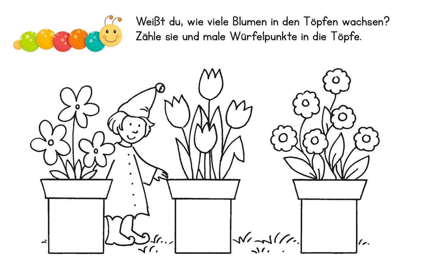 Gezeigt wird eine Innen- oder Zusatzansicht von „Lernraupe – Erste Zahlen“. Die Illustration zeigt ein Mädchen in einem weißen Kleid und einer bunten Mütze, das neben drei blühenden Pflanzen steht. Die Töpfe sind einfarbig und schlicht gestaltet. Über der Szene befindet sich ein bunter Schriftzug mit einer lachenden Raupe und der Frage: „Weißt du, wie viele Blumen in den Töpfen wachsen?“ Die Schrift ist klar und gut lesbar, in freundlichen Farben gehalten.