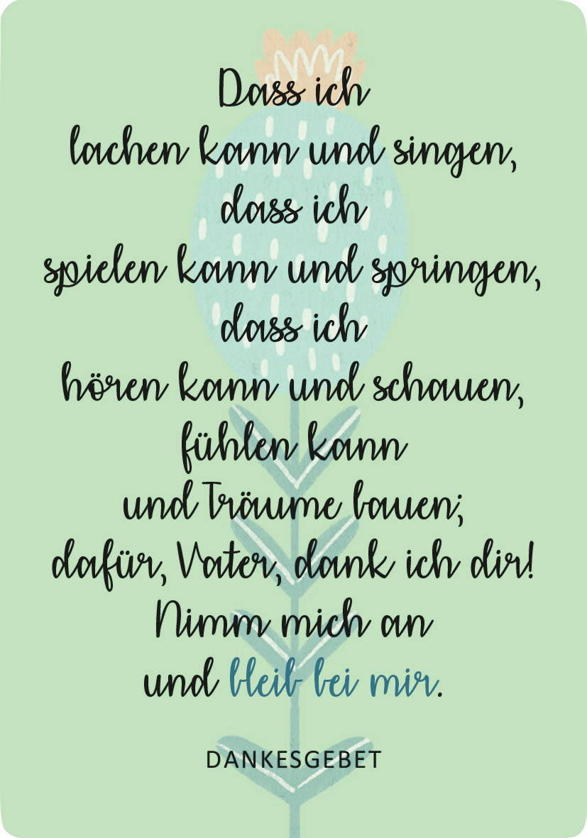 Gezeigt wird eine Innen- oder Zusatzansicht von „Segenskärtchen zur Kommunion“. Der Hintergrund ist in sanften Grüntönen gehalten, während die zentrale Botschaft in geschwungener, schwarzer Schrift verfasst ist. Eine stilisierte Blume in Pastellfarben ergänzt das Design. Der Text enthält ein Dankesgebet, das die Freude und Dankbarkeit des Betrachters zum Ausdruck bringt. Am unteren Rand steht „DANKESGEBET“ in einer klaren, modernen Schrift.