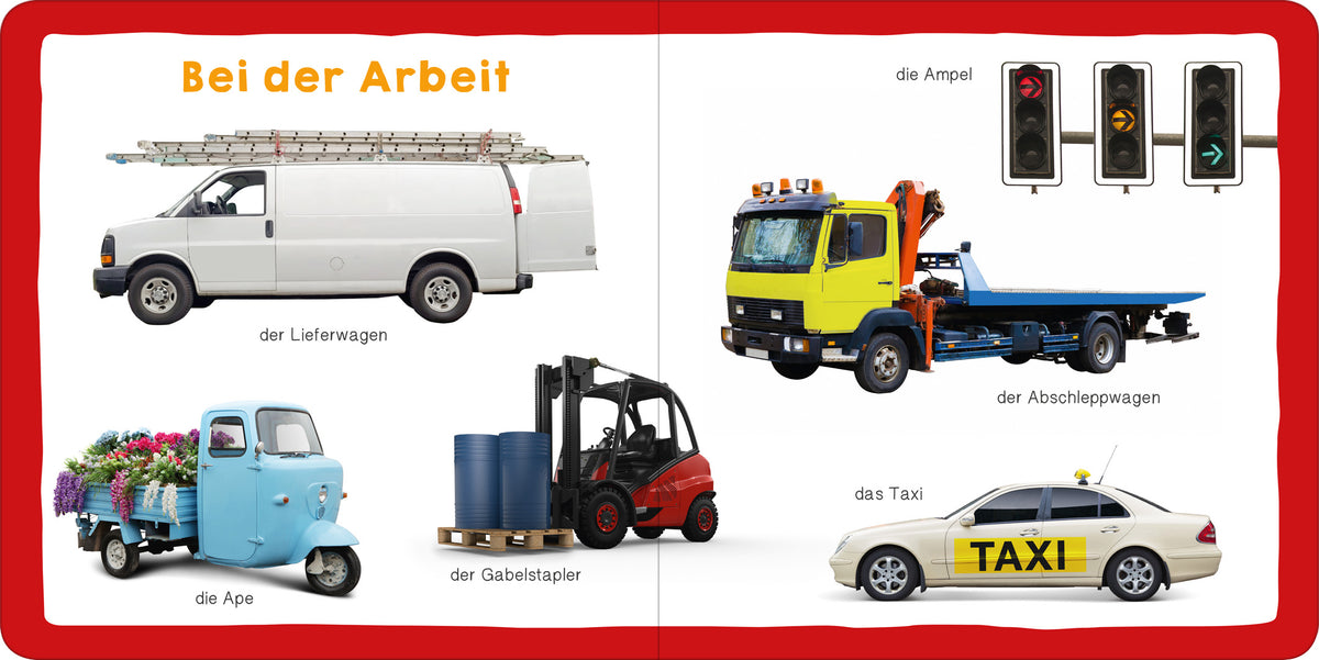 Gezeigt wird eine Innen- oder Zusatzansicht von „Meine ersten 100 Fahrzeuge“. Die Seite ist in einem weißen Hintergrund gestaltet, um die Illustrationen der Fahrzeuge hervorzuheben. Oben steht in großen, roten Buchstaben „Bei der Arbeit“. Zu sehen sind verschiedene Fahrzeuge: ein Lieferwagen, ein Abschleppwagen in leuchtendem Gelb, ein Taxi mit auffälliger Aufschrift, sowie ein Gabelstapler und die kleine, blaue Ape. Die Bilder sind klar und farbenfroh, was das Interesse der jungen...