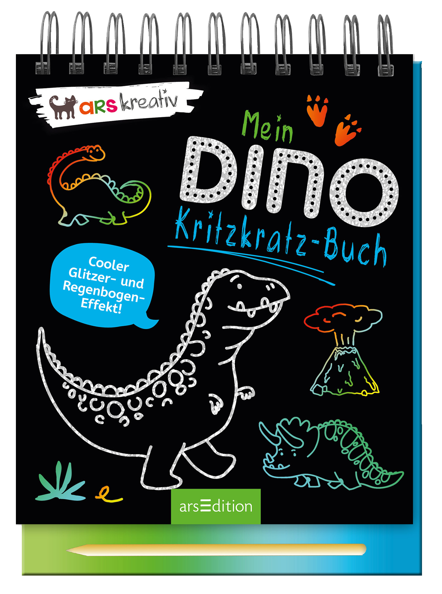 Auf dem Buchcover von „Mein Dino Kritzkraz-Buch“ dominiert ein schwarzer Hintergrund, der von bunten, skizzierten Dinosauriern und kreativen Elementen in leuchtenden Farben wie Grün, Blau, Pink und Gelb belebt wird. In der oberen Mitte steht der Titel in großen, weißen Buchstaben, während ein blauer Button mit „Cooler Glitzer- und Regenbogen-Effekt!“ darauf hinweist, dass das Buch besondere Funktionen bietet. Ganz unten mittig steht der Logoschriftzug von arsEdition.