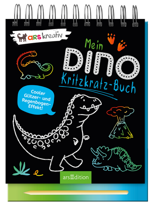 Auf dem Buchcover von „Mein Dino Kritzkraz-Buch“ dominiert ein schwarzer Hintergrund, der von bunten, skizzierten Dinosauriern und kreativen Elementen in leuchtenden Farben wie Grün, Blau, Pink und Gelb belebt wird. In der oberen Mitte steht der Titel in großen, weißen Buchstaben, während ein blauer Button mit „Cooler Glitzer- und Regenbogen-Effekt!“ darauf hinweist, dass das Buch besondere Funktionen bietet. Ganz unten mittig steht der Logoschriftzug von arsEdition.