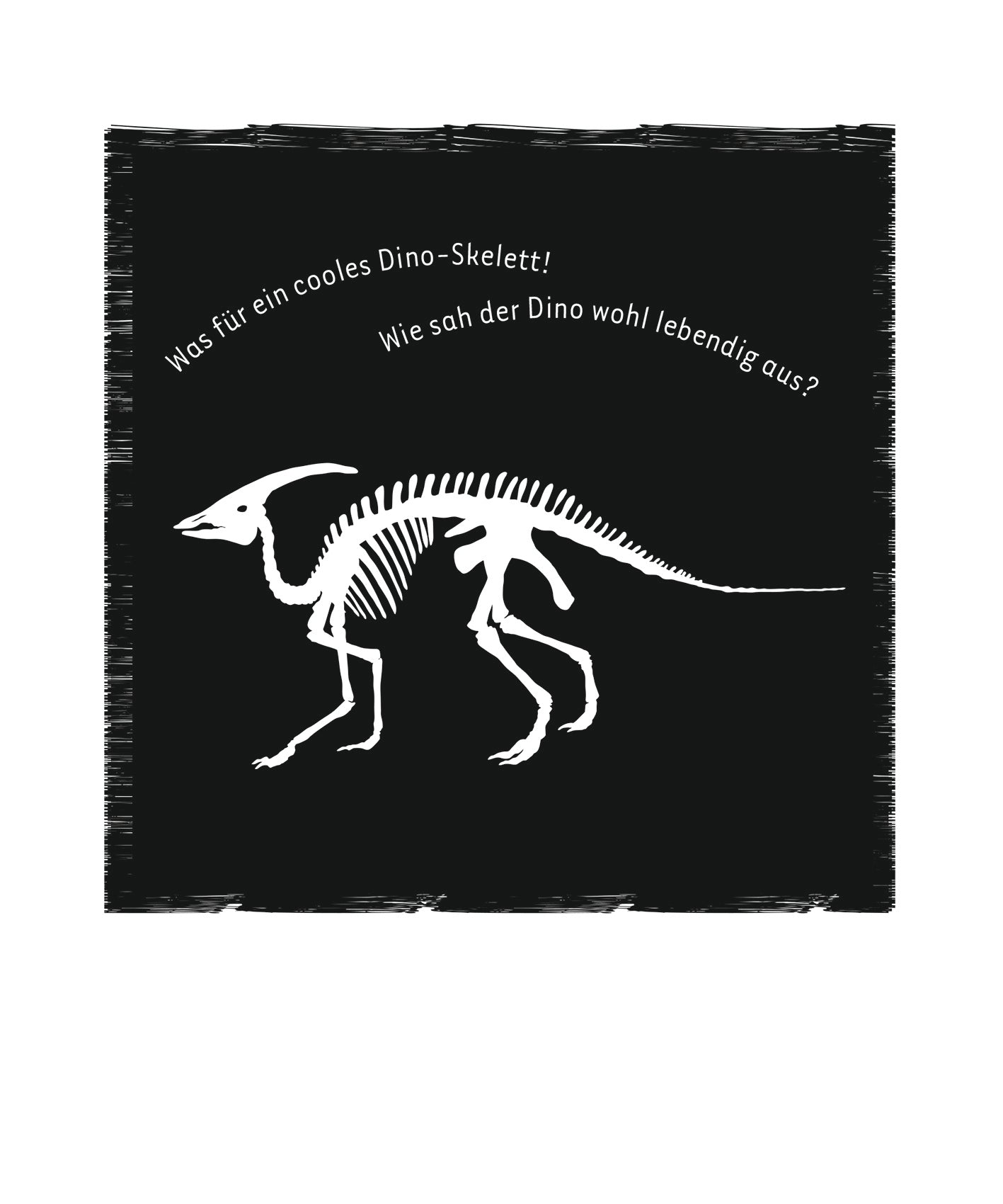 Gezeigt wird eine Innen- oder Zusatzansicht von „Mein Dino-Kritzkratz-Buch“. Auf einem schwarzen Hintergrund ist ein weißes Dino-Skelett abgebildet, das von links nach rechts verläuft. Darüber steht der Text „Was für ein cooles Dino-Skelett!“ in einer verspielten, gut lesbaren Schriftart. Darunter folgt die Frage „Wie sah der Dino wohl lebendig aus?“, ebenfalls in Weiß. Die Optik ist kinderfreundlich und animiert zur Kreativität.