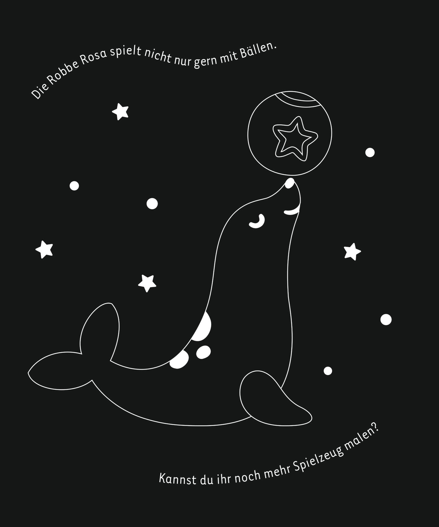 Gezeigt wird eine Innen- oder Zusatzansicht von „Kritzkratz-Spaß Zoo“. Die Illustration zeigt eine niedliche Robbe namens Rosa, die eine bunte Kugel balanciert. Der Hintergrund ist schwarz, während die Robbe in hellen, abgerundeten Linientönen dargestellt ist. Um die Robbe sind verstreute Sterne in verschiedenen Größen angeordnet. Der Text umschreibt das Bild in kindgerechter Sprache und regt die Kreativität an, indem er fragt, ob mehr Spielzeug gemalt werden kann.