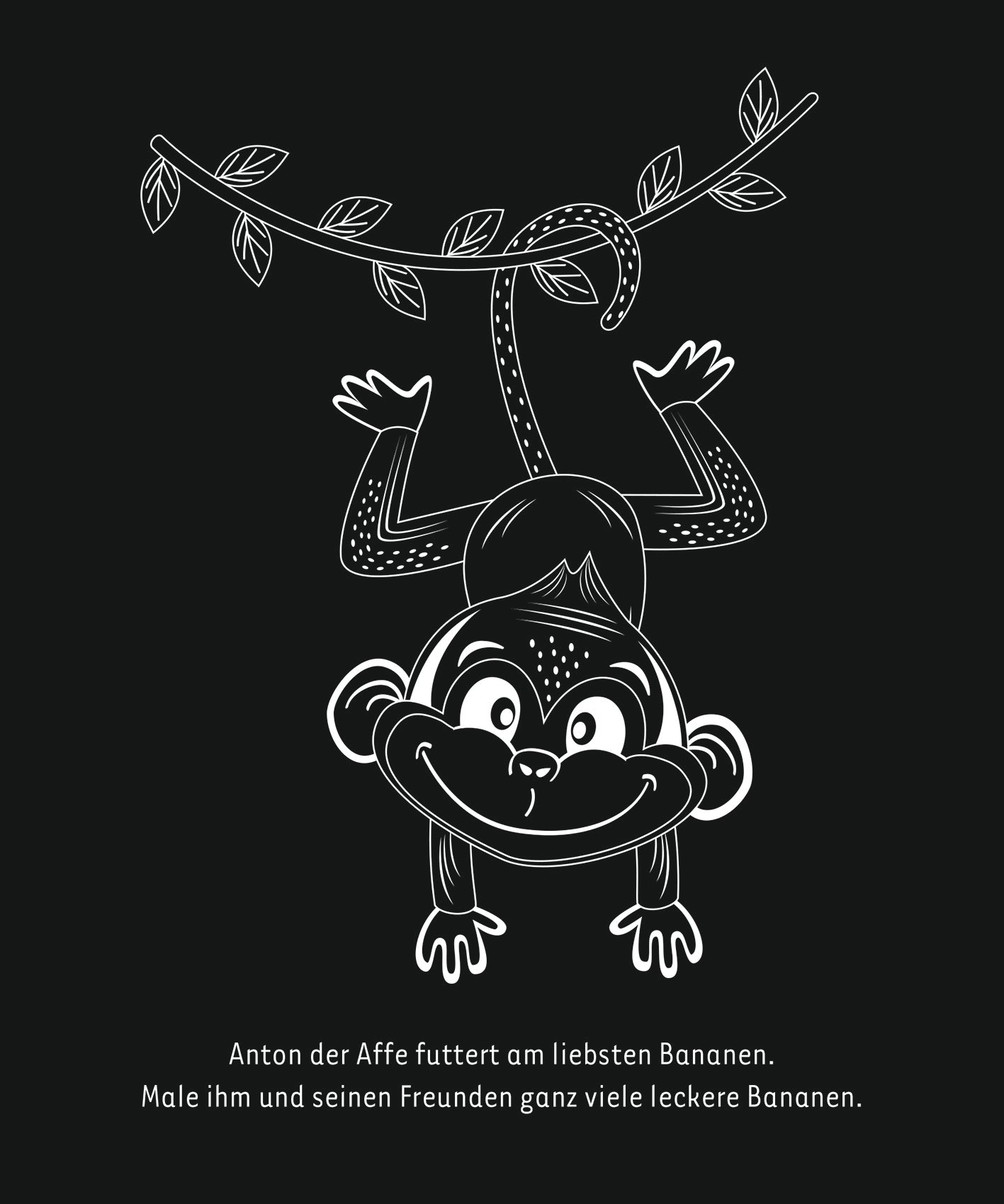 Gezeigt wird eine Innen- oder Zusatzansicht von „Kritzkratz-Spaß Zoo“. Die Illustration zeigt einen fröhlichen Affen, der kopfüber von einem Ast hängt. Der Affe hat große, leuchtende Augen und ein breites Lächeln. Um ihn herum sind charmante, minimalistische Blätter in einem kräftigen Grün zu sehen. Die Schriftart ist kindgerecht, klar und gut lesbar. Der Hintergrund ist in einem sanften Schwarz gehalten, was die bunten Elemente lebendig hervorhebt.