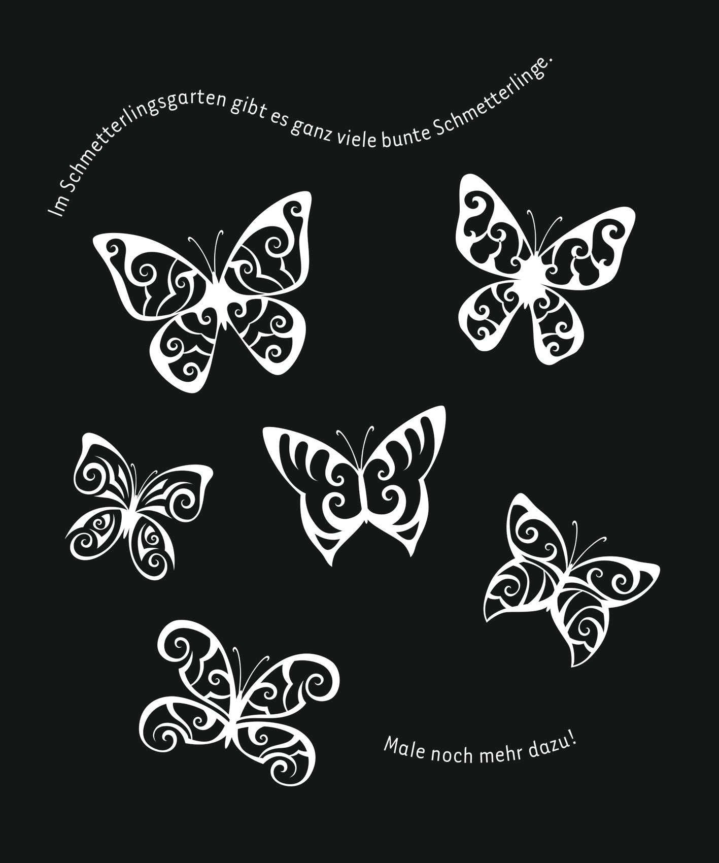 Gezeigt wird eine Innen- oder Zusatzansicht von „Kritzkratz-Spaß Zoo“. Auf schwarzem Hintergrund sind sechs stilisierte Schmetterlinge in Weiß abgebildet, die detaillierte Muster und geschwungene Linien aufweisen. Am oberen Rand steht der Satz „Im Schmetterlingsgarten gibt es ganz viele bunte Schmetterlinge“ in einer verspielten Schriftart. Der untere Teil fordert mit „Male noch mehr dazu!“ zur Kreativität auf, wobei die Typografie einladend und kinderfreundlich wirkt.