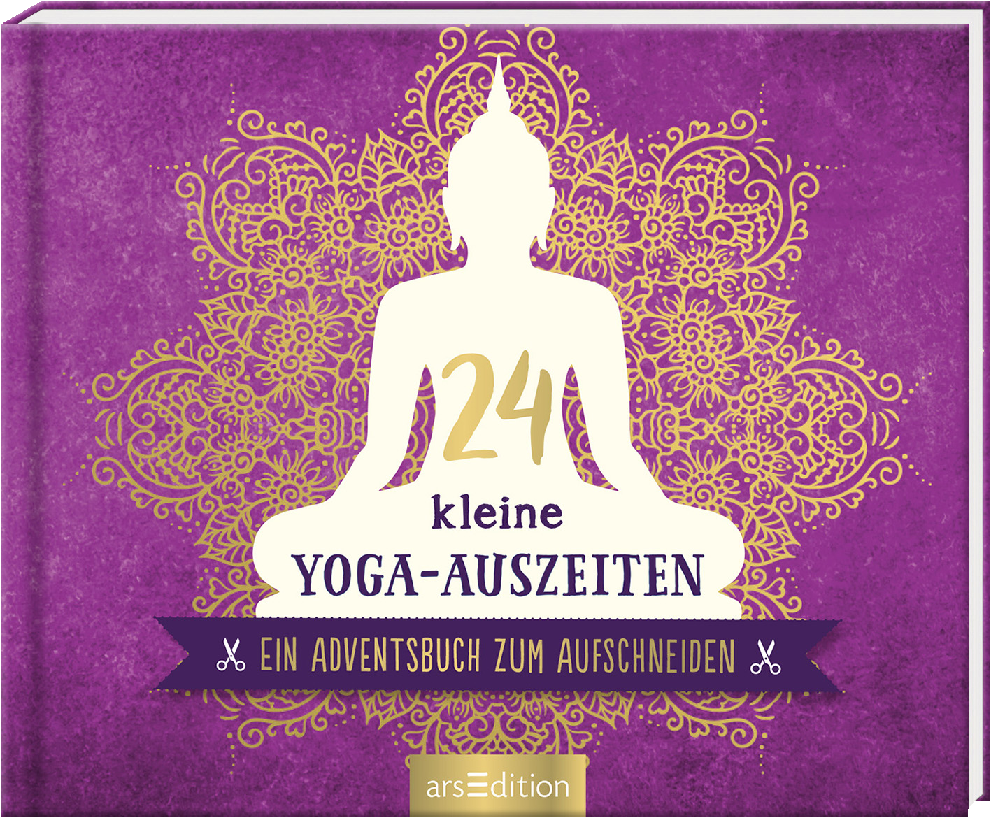 Das Buchcover zeigt einen lila Hintergrund, der mit filigranen, goldenen Mandala-Mustern verziert ist. In der Mitte sitzt eine stilisierte Figur in meditativer Haltung. Oberhalb der Figur steht in großen goldenen Ziffern „24“, gefolgt von dem Text „kleine YOGA-AUSZEITEN“ in einer eleganten Schriftart. Darunter befindet sich der Untertitel „Ein Adventsbuch zum Ausschneiden“ in schlichterer Schrift. Das Cover vermittelt eine ruhige und entspannende Atmosphäre. Ganz unten mittig...