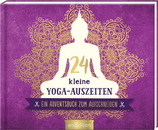 Das Buchcover zeigt einen lila Hintergrund, der mit filigranen, goldenen Mandala-Mustern verziert ist. In der Mitte sitzt eine stilisierte Figur in meditativer Haltung. Oberhalb der Figur steht in großen goldenen Ziffern „24“, gefolgt von dem Text „kleine YOGA-AUSZEITEN“ in einer eleganten Schriftart. Darunter befindet sich der Untertitel „Ein Adventsbuch zum Ausschneiden“ in schlichterer Schrift. Das Cover vermittelt eine ruhige und entspannende Atmosphäre. Ganz unten mittig...