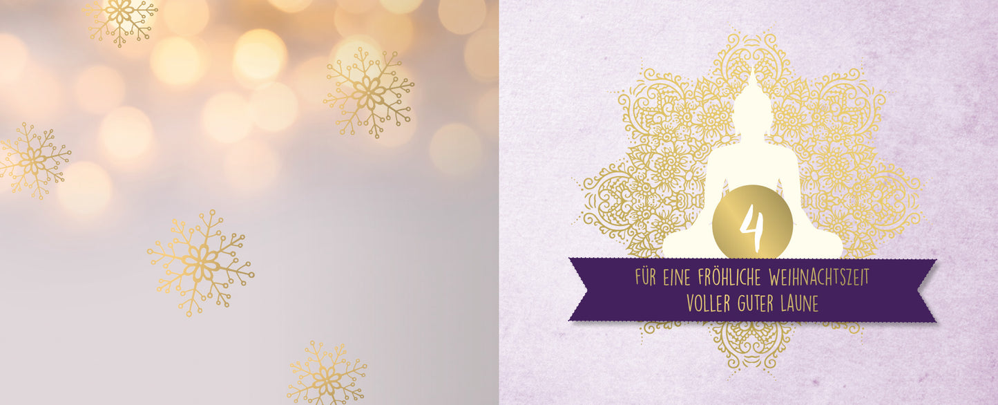 Gezeigt wird eine Innen- oder Zusatzansicht von „24 kleine Yoga-Auszeiten“. Links ist ein sanfter, verschwommener Hintergrund in Gold- und Beigetönen mit dezenten Schneeflockenmotiven zu sehen. Rechts befindet sich ein filigranes, lila Banner mit der Aufschrift „Für eine fröhliche Weihnachtszeit voller guter Laune“ in einer eleganten, modernen Schriftart. Im Hintergrund steht eine stilisierte Abbildung eines Buddha in Weiß, umgeben von ornamentalen Verzierungen.