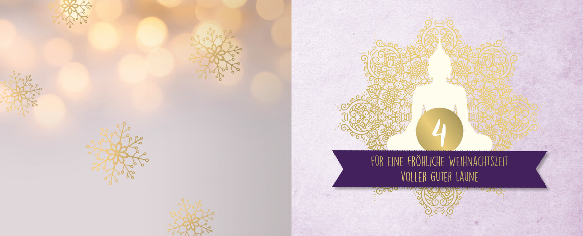 Gezeigt wird eine Innen- oder Zusatzansicht von „24 kleine Yoga-Auszeiten“. Links ist ein sanfter, verschwommener Hintergrund in Gold- und Beigetönen mit dezenten Schneeflockenmotiven zu sehen. Rechts befindet sich ein filigranes, lila Banner mit der Aufschrift „Für eine fröhliche Weihnachtszeit voller guter Laune“ in einer eleganten, modernen Schriftart. Im Hintergrund steht eine stilisierte Abbildung eines Buddha in Weiß, umgeben von ornamentalen Verzierungen.