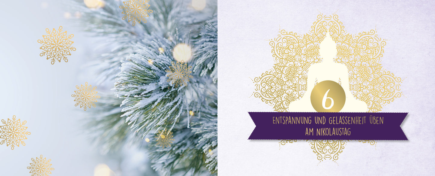 Gezeigt wird eine Innen- oder Zusatzansicht von „24 kleine Yoga-Auszeiten“. Die linke Seite zeigt eine sanfte, frostige Winterlandschaft mit einem geschmückten Baum und goldenen Schneeflocken. Die rechte Seite präsentiert einen klaren, eleganten Schriftzug auf lila Hintergrund, ergänzt durch eine goldene Buddha-Silhouette. Die Schrift ist gut lesbar und in einer modernen, freundlichen Typografie gehalten, was eine harmonische und entspannende Atmosphäre vermittelt.