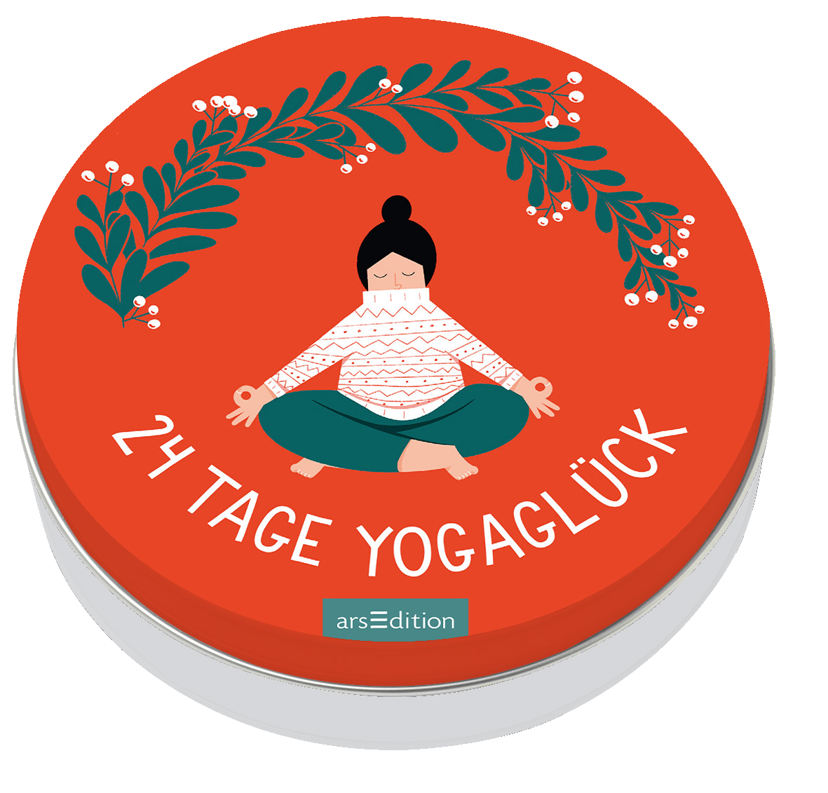 Auf dem runden Cover ist ein kräftiges Rot dominant, das eine harmonische Atmosphäre ausstrahlt. In der Mitte sitzt eine stilisierte Frau im Schneidersitz, die in entspannter Pose meditiert und ein gemustertes Oberteil trägt. Ein grüner Kranz aus Blättern und Beeren umrahmt sie und vermittelt Naturverbundenheit. Der Titel „24 TAGE YOGAGLÜCK“ ist in verspielter, weißer Schrift unter der Abbildung platziert. Ganz unten mittig steht der Logoschriftzug von arsEdition.