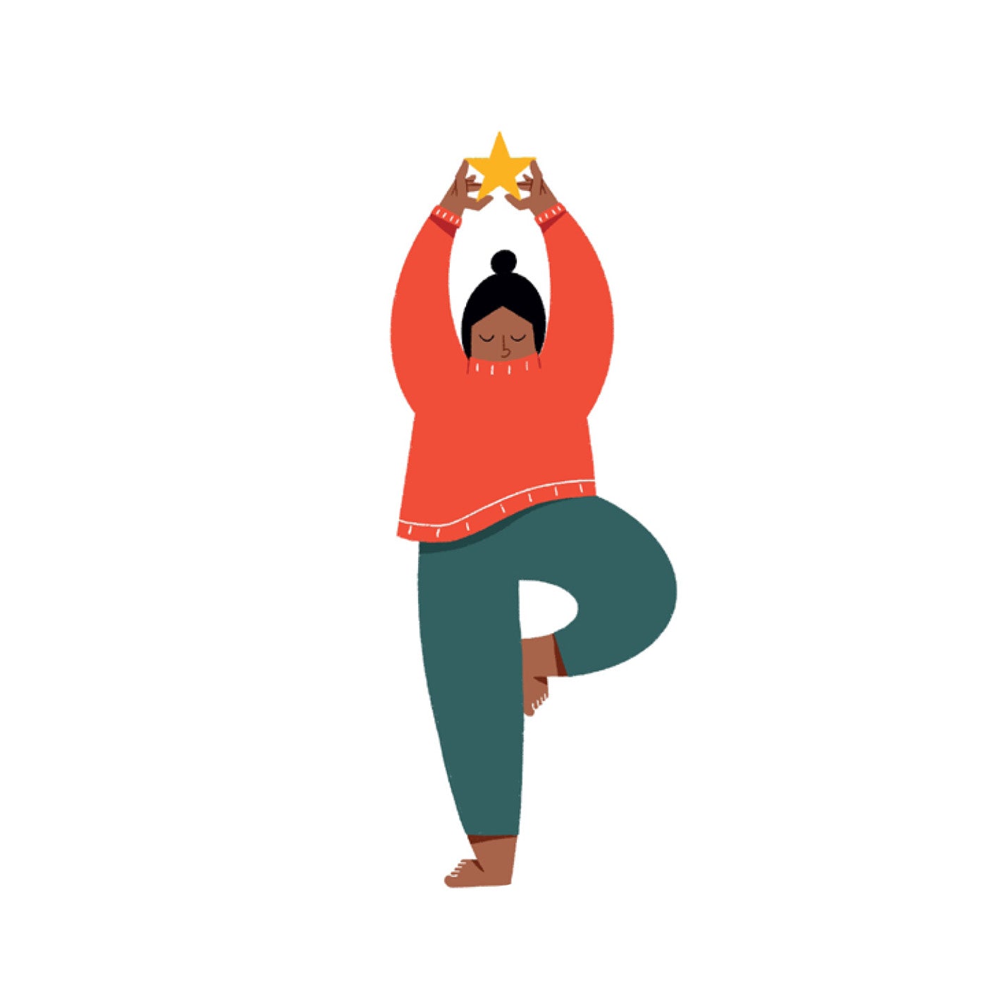 Gezeigt wird eine Innen- oder Zusatzansicht von „Adventskalender in der Dose. 24 Tage Yogaglück“. Die Illustration zeigt eine Person in Yoga-Pose, die eine goldene Sternenfigur über dem Kopf hält. Sie trägt einen leuchtend roten Pullover und grüne, lockere Hosen. Der Hintergrund ist schlicht weiß, wodurch die bunten Elemente hervorstechen. Die Typografie ist modern und freundlich, passend zum entspannten Thema des Yoga und der Adventszeit.