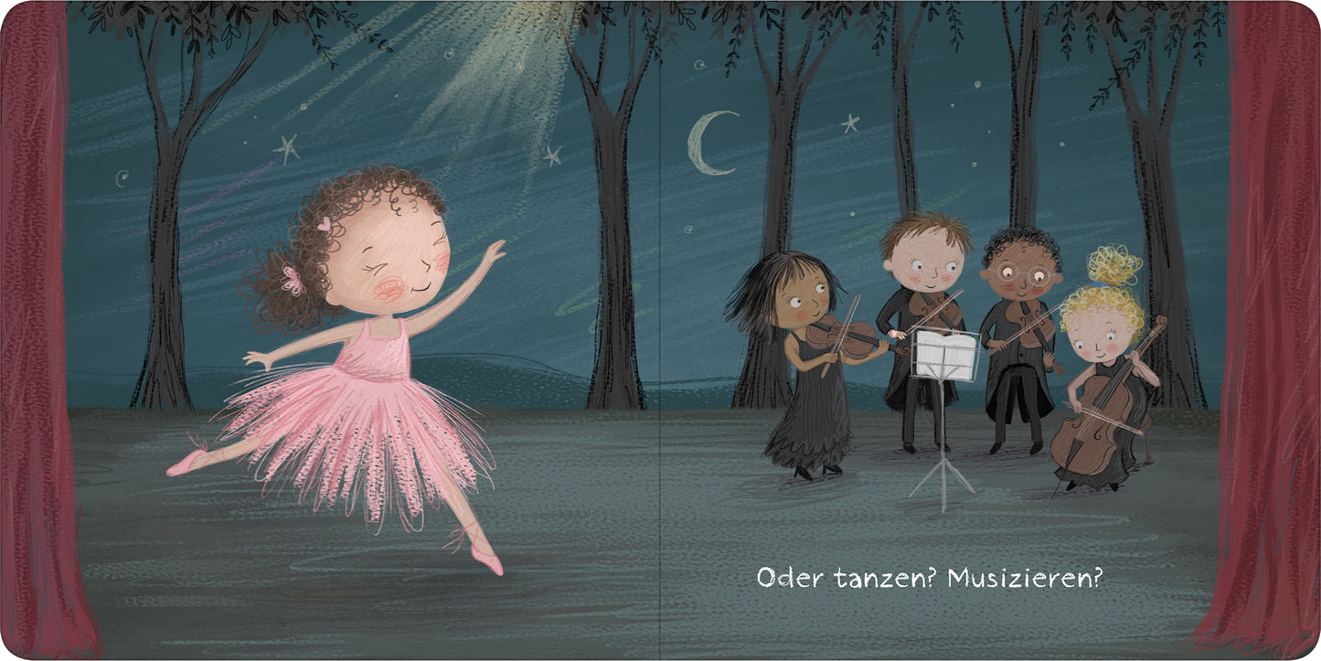Gezeigt wird eine Innen- oder Zusatzansicht von „Dir gehört die Welt“. Auf der Illustration tanzt ein Mädchen in einem rosa Tutu unter einem sanften Lichtstrahl, umgeben von einer nächtlichen Waldkulisse mit dunklen Bäumen und einem Mond. Im Hintergrund stehen vier Kinder, die musizieren: zwei mit Geigen, ein weiterer mit einem Cello und eines mit einer Notenablage. Die Farben sind kräftig und freundlich, während die Typografie in klaren, gut lesbaren Buchstaben den Text „Oder...