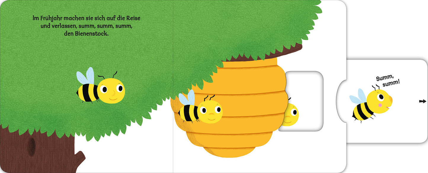 Gezeigt wird eine Innen- oder Zusatzansicht von „Mein erstes Buch von den Bienen“. Die Seite zeigt eine grüne Baumkrone mit dichten Blättern und einer großen, gelb-orangefarbenen Bienenstockdarstellung. Darunter fliegen freundlich gestaltete, cartoonartige Bienen mit schwarz-gelben Streifen. Der Text ist in einer kindgerechten, klaren Schriftart in Schwarz gehalten und beschreibt die Aktivitäten der Bienen im Frühling. Die Illustration ist bunt und ansprechend für Kinder gestaltet.