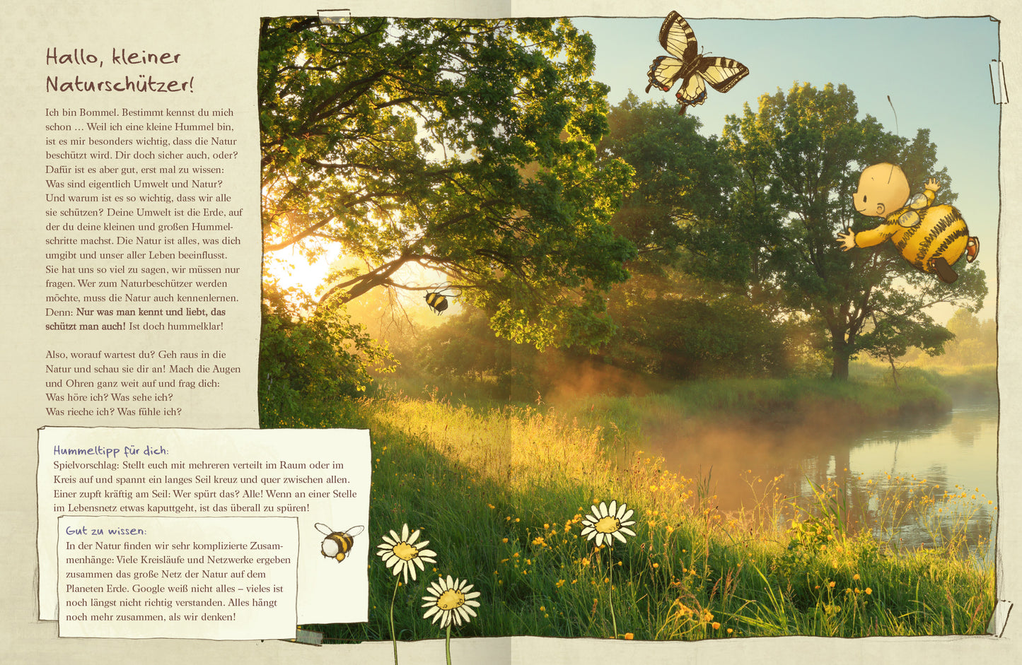 Gezeigt wird eine Innen- oder Zusatzansicht von „Die kleine Hummel Bommel schützt die Umwelt“. Die Illustration zeigt eine sonnendurchflutete Landschaft mit üppigem Grün, wo Bäume und Wiesen im Vordergrund zu sehen sind. Auf der linken Seite befindet sich ein Textfeld mit handschriftlicher Typografie, das freundlich und einladend wirkt. Rechts fliegt die Charakterfigur, eine kleine Hummel mit einer gelben und schwarzen Farbe, umgeben von Schmetterlingen und Blumen, was die natürliche...