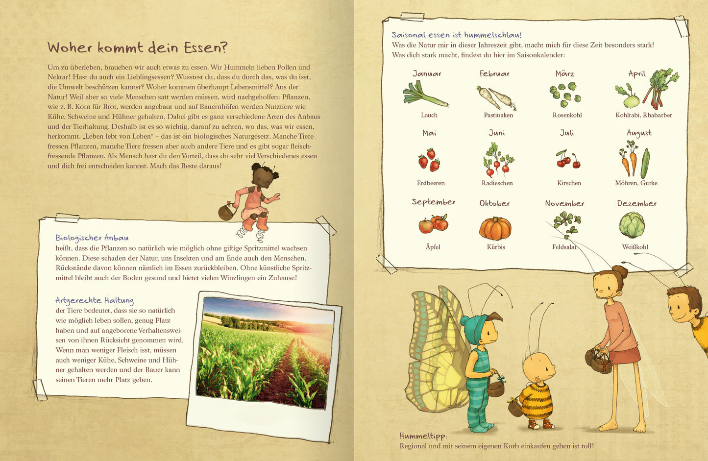 Gezeigt wird eine Innen- oder Zusatzansicht von „Die kleine Hummel Bommel schützt die Umwelt“. Die Seite ist sanft in Erdtönen gehalten, mit einem hellbeigen Hintergrund und handschriftlichen Elementen. Illustrationen von der kleinen Hummel Bommel und einem Kind, die miteinander interagieren, sind prominent abgebildet. Auf der rechten Seite sind eine bunte Übersicht von saisonalem Gemüse und Obst dargestellt, umrahmt von grünen und roten Akzenten. Die Schrift ist klar und gut lesbar,...