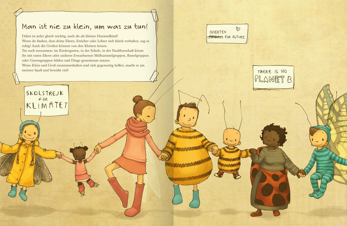 Gezeigt wird eine Innen- oder Zusatzansicht von „Die kleine Hummel Bommel schützt die Umwelt“. Auf der Seite sind mehrere Kinder und Insekten abgebildet, die sich an den Händen halten. Die Illustrationen sind bunt und lebhaft, dominierende Farben sind Gelb, Grün und Rosa. Im Hintergrund sind handschriftliche Texte und Plakate zu sehen, die zur Umwelt aufrufen. Die freundliche Typografie unterstreicht die Botschaft des umweltbewussten Handelns.