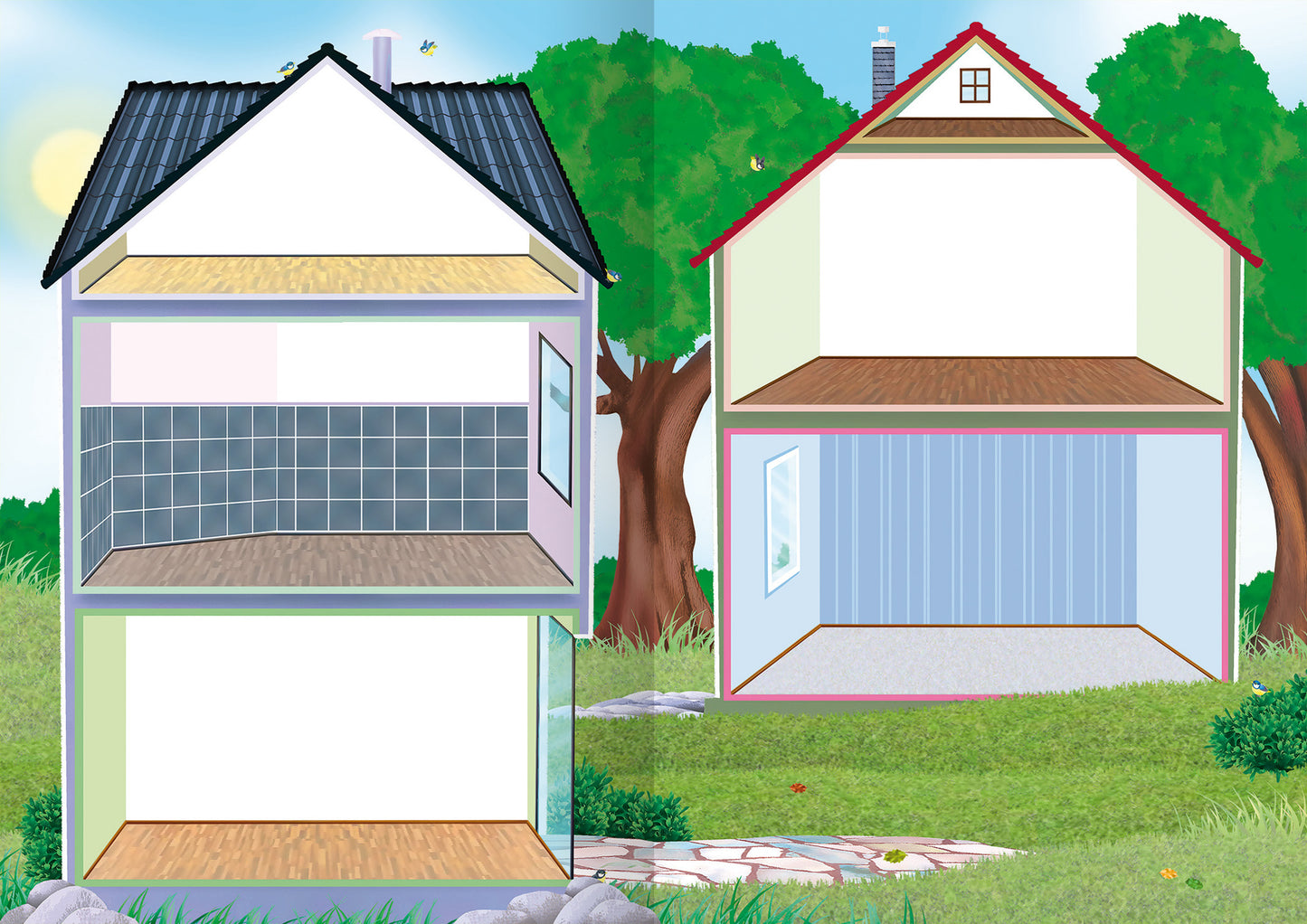 Gezeigt wird eine Innen- oder Zusatzansicht von „Das große Stickerhaus“. Die Illustration zeigt zwei Gebäudehälften in hellen, freundlichen Farben. Links ist ein Raum mit rosa und blauen Wänden sowie einem gefliesten Bereich, während rechts ein Zimmer mit hellblauen Wänden und großen Fenstern zu sehen ist. Die Dächer sind rot und schwarz, umrahmt von grünen Bäumen im Hintergrund. Die Gesamtgestaltung vermittelt eine einladende, kindgerechte Atmosphäre.