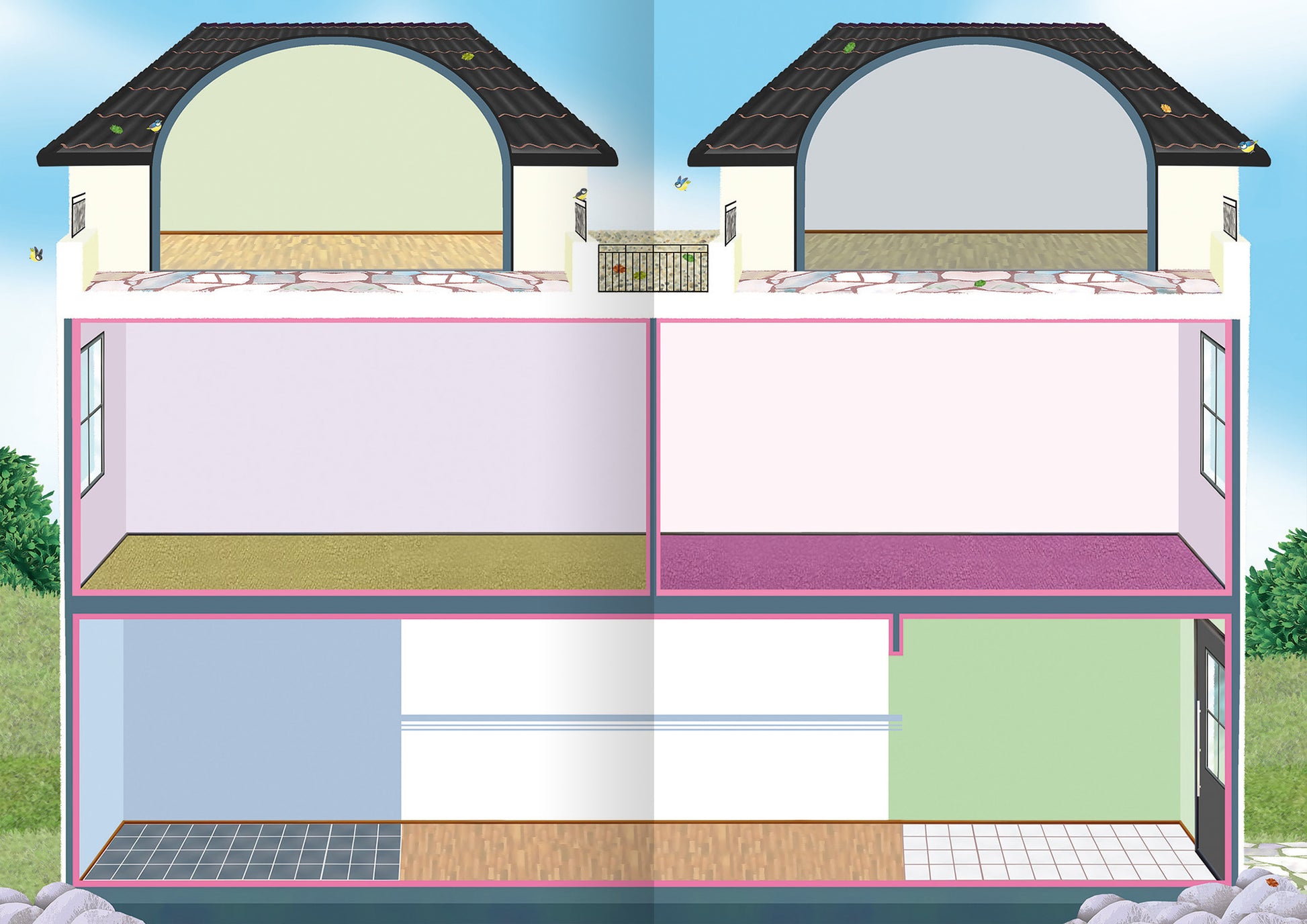 Gezeigt wird eine Innenansicht von „Das große Stickerhaus“. Die Abbildung zeigt in zwei Hälften aufgeteilte Räume in verschiedenen Farben. Die obere Etage ist hellgrün und grau, die untere Etage bietet ein buntes Design mit pinken und blauen Wänden. Die Fußböden sind teils gefliest, teils mit Teppich ausgelegt. Ein offenes Treppenhaus verbindet die Etagen. Die gesamte Darstellung ist kindgerecht und ansprechend gestaltet, um Kreativität und Spaß am Gestalten zu fördern.