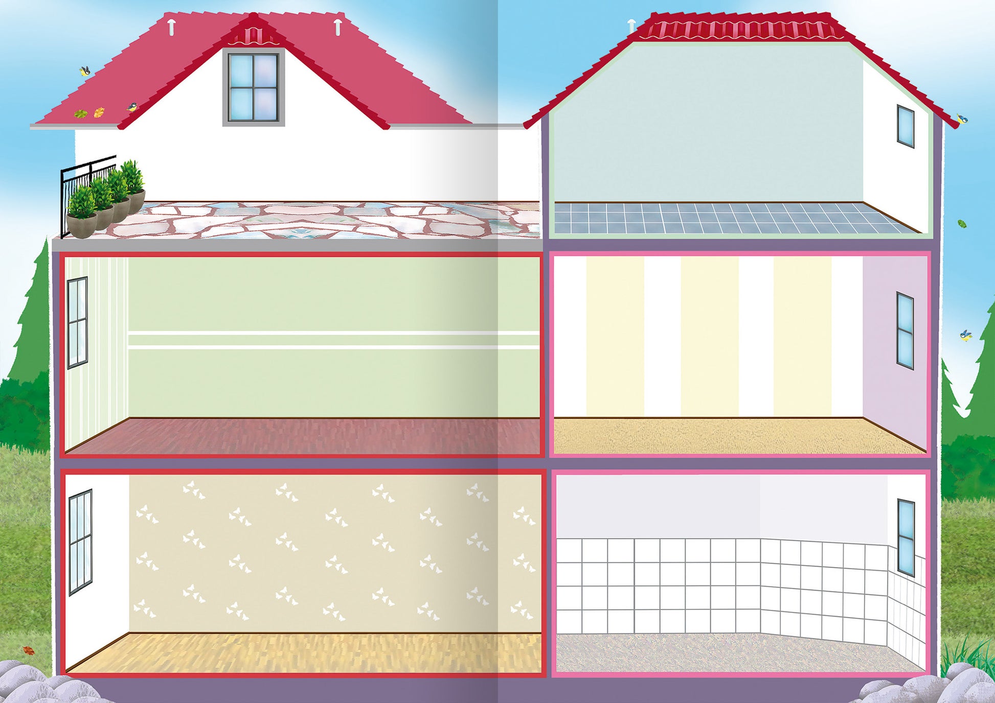 Gezeigt wird eine Innen- oder Zusatzansicht von „Das große Stickerhaus“. Die Darstellung zeigt ein mehrstöckiges Haus mit leuchtend roten Dächern und unterschiedlichen Raumgestaltungen. Die Wände sind in sanften Farben gehalten: hellgrün, gelb und rosa. Am Boden sind verschiedene Beläge wie Stein, Holz und Fliesen sichtbar. Ein gepflasterter Außenbereich mit Pflanzen ist ebenfalls abgebildet, was dem Gesamtbild eine lebendige Note verleiht.