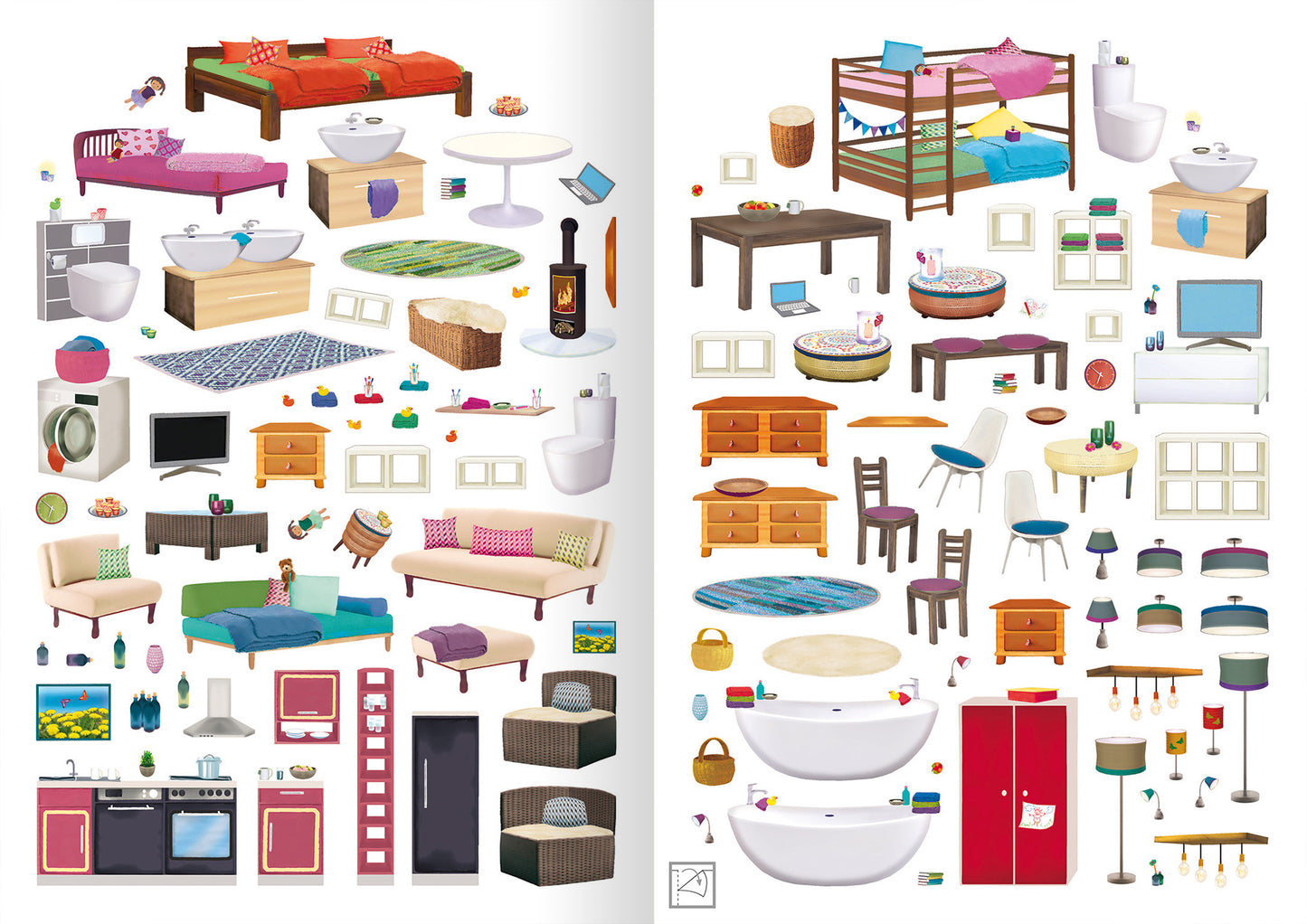 Gezeigt wird eine Innen- oder Zusatzansicht von „Das große Stickerhaus“. Die Illustration zeigt eine Vielzahl von Möbelstücken und Einrichtungsgegenständen in bunten Farben. Zu sehen sind verschiedene Sofas, Tische, Stühle und Betten, ergänzt durch Badezimmer- und Küchenelemente. Die Typografie im Hintergrund vermittelt einen spielerischen Stil. Viele Details in kräftigen Farbtönen wie Rot, Blau und Grün laden zum Entdecken ein.