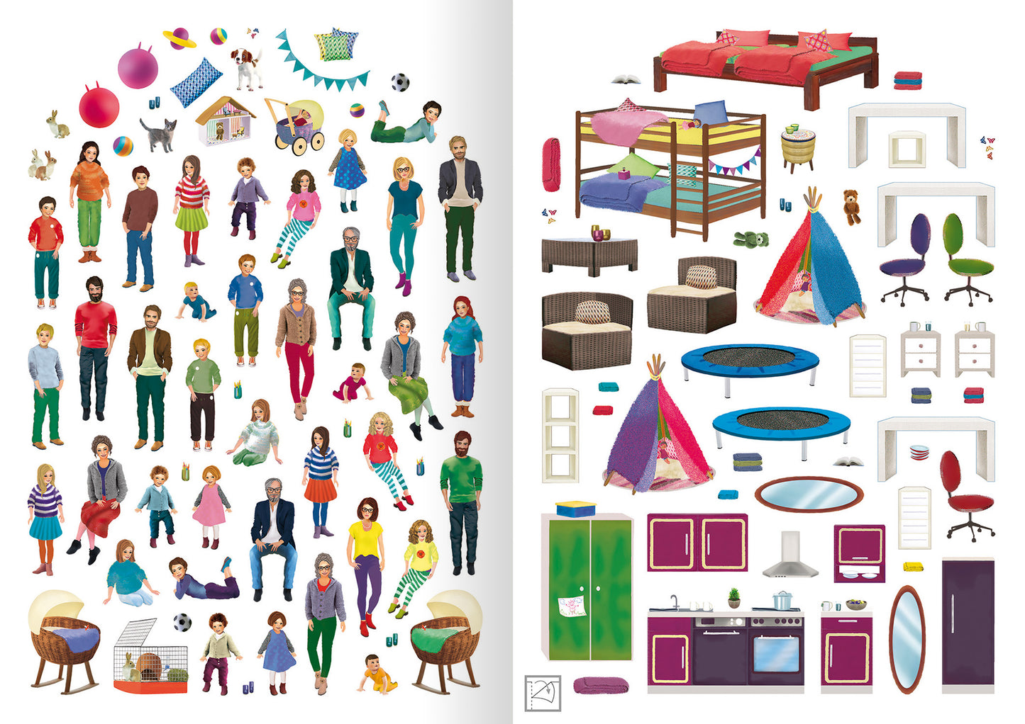 Gezeigt wird eine Innen- oder Zusatzansicht von „Das große Stickerhaus“. Die Illustration zeigt eine vielfältige Ansammlung von Figuren, darunter Erwachsene und Kinder, die in bunten Kleidern dargestellt sind. Auf der rechten Seite sind verschiedene Möbelstücke und Spielgeräte abgebildet, wie Betten, ein Trampolin und ein Küchenbereich. Die Farbpalette umfasst lebendige Töne wie Blau, Rot und Grün, während die Typografie durch klare, gut lesbare Schriftzüge gekennzeichnet ist.
