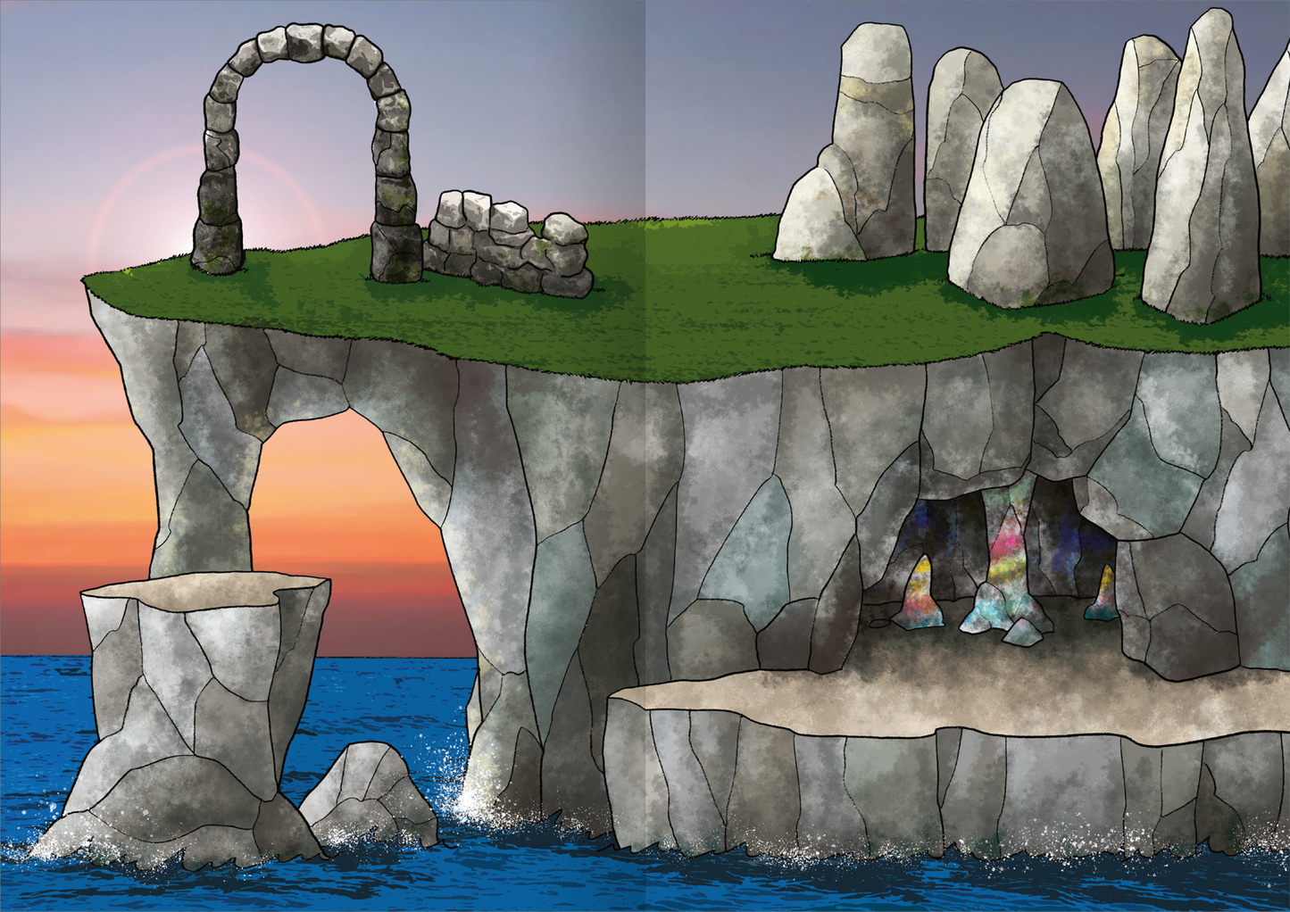 Gezeigt wird eine Innen- oder Zusatzansicht von „WOW! Das Metallic-Stickerbuch – Drachen“. Die Illustration zeigt eine mystische Küstenlandschaft mit einem hohen Felsen, auf dem ein Steinbogen steht. Im Hintergrund sind sanfte Wellen und ein atemberaubender Sonnenuntergang in warmen Orange- und Lilatönen zu sehen. Die Felsen sind in verschiedenen Grautönen schattiert, während die Höhle am Fuß des Felsens farbige Lichtreflexionen von innen abstrahlt. Die Typografie ist klar und gut...