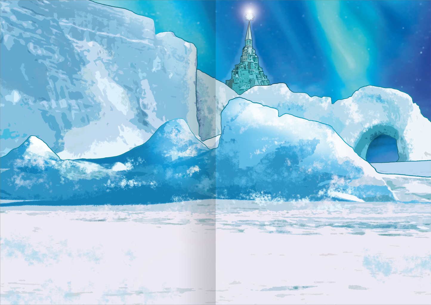 Gezeigt wird eine Innen- oder Zusatzansicht von „WOW! Das Metallic-Stickerbuch – Drachen“. Die Illustration zeigt eine eisige Landschaft mit großen, blauen Eisformationen und einem strahlenden, wahren Turm im Hintergrund. Die Farben sind in verschiedenen Blautönen gehalten, die eine kalte, mystische Atmosphäre erzeugen. Der Himmel ist in sanften, hellen Blau- und Grüntönen gefärbt, was das Bild lebendig macht. Die Typografie ist klar und gut lesbar, harmoniert jedoch nicht mit...