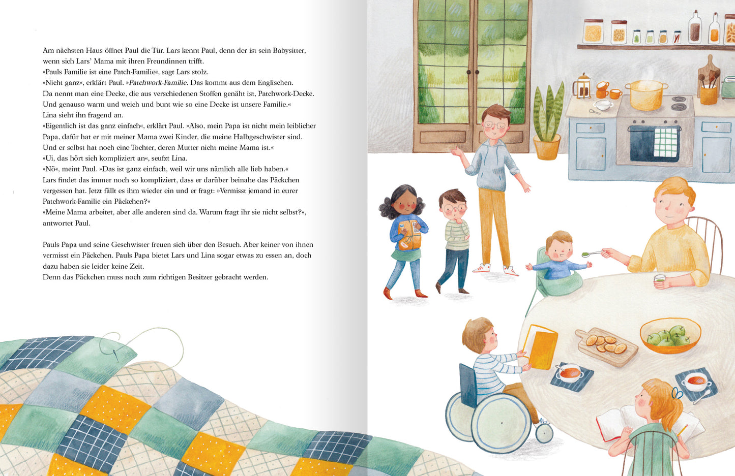 Gezeigt wird eine Innenansicht von „Das alles ist Familie“. Die Darstellung zeigt eine freundliche Küchen- und Essbereichs-Szene mit hellen, warmen Farben. Auf der rechten Seite steht ein runder Tisch, an dem Menschen sitzen, darunter ein Kind im Rollstuhl, und essen. Im Hintergrund ist ein Fenster mit sanftem Tageslicht und ein Regal mit Küchenutensilien. Der Junge und das Mädchen mit dem Paket stehen mitten in der Szene und interagieren mit den Personen.