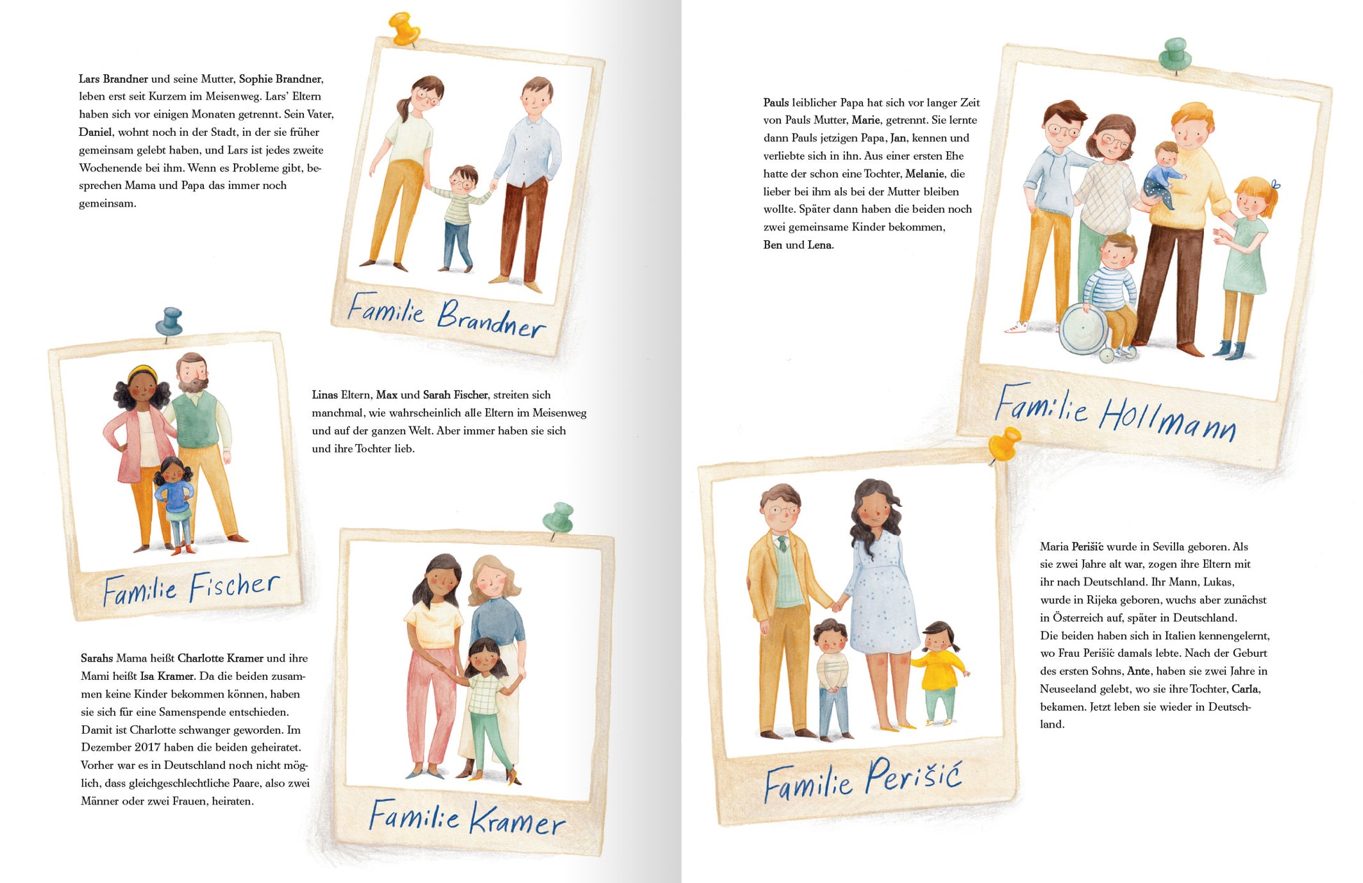 Gezeigt wird eine Innenansicht von „Das alles ist Familie“. Die Seite präsentiert farbenfrohe Illustrationen von verschiedenen Familien und Familienkonstellationen. Jede Familie wird in einem kleinen Steckbrief neben den Illustrationen vorgestellt.