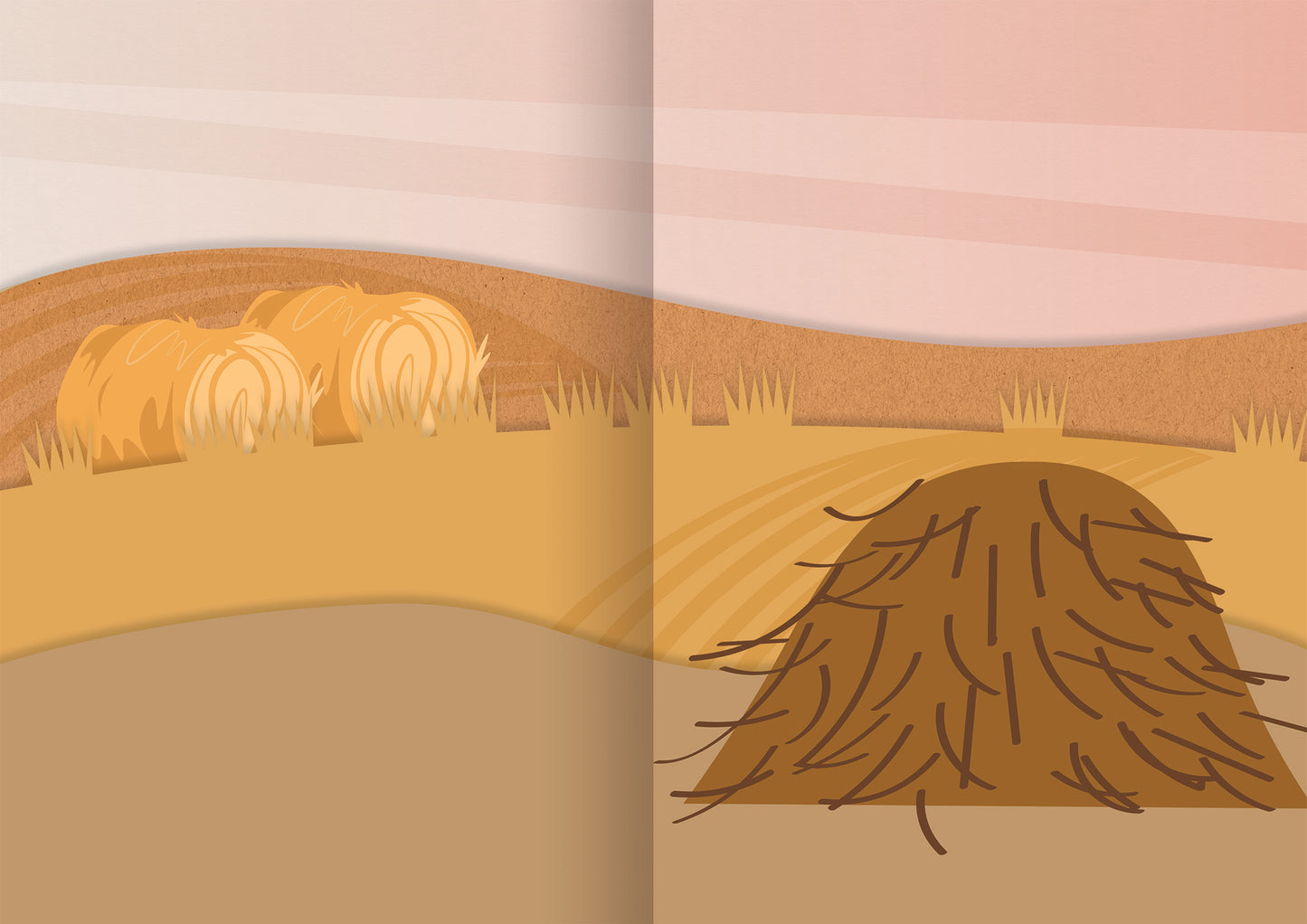 Gezeigt wird eine Innen- oder Zusatzansicht von „Mein Foto-Stickerspaß – Bauernhof“. Die Illustration zeigt sanfte, warm-goldene Farbtöne, die eine ländliche Szenerie darstellen. Im Hintergrund sind rundliche Heuballen zu sehen. Der Himmel ist in sanften Rosatönen gefärbt, was eine angenehme, beruhigende Atmosphäre schafft. Im Vordergrund steht ein Heuhaufen.