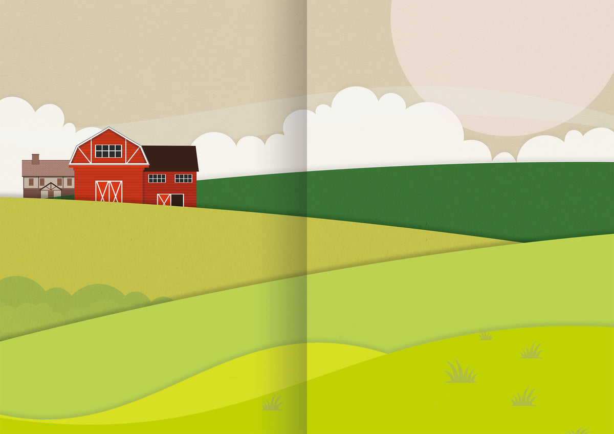 Gezeigt wird eine Innen- oder Zusatzansicht von „Mein Foto-Stickerspaß – Bauernhof“. Die Abbildung zeigt eine ländliche Landschaft mit sanften, grünen Hügeln und einer großen, roten Scheune im Vordergrund. Im Hintergrund erstrecken sich grüne Felder unter einem hellen, beige gefärbten Himmel mit vereinzelten, weißen Wolken. Die runde, große Sonne strahlt Wärme aus und schafft eine freundliche Atmosphäre. Die Farben sind lebhaft, und die Gestaltung ist einfach und einladend.