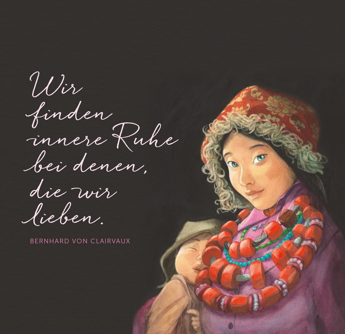 Gezeigt wird eine Innen- oder Zusatzansicht von „Mama – Eine Liebeserklärung an alle Mütter“. Die Illustration zeigt eine liebevoll gestaltete Mutter mit hellem Teint, die eine große bunte Halskette trägt. Ihr Gesichtsausdruck strahlt Wärme und Fürsorglichkeit aus. Im Hintergrund ist eine dunkle, fast schwarze Fläche, die die Farben der Mutter und ihrer Kleidung hervorhebt. Der Text „Wir finden innere Ruhe bei denen, die wir lieben.“ ist in geschwungener, eleganter Schrift...