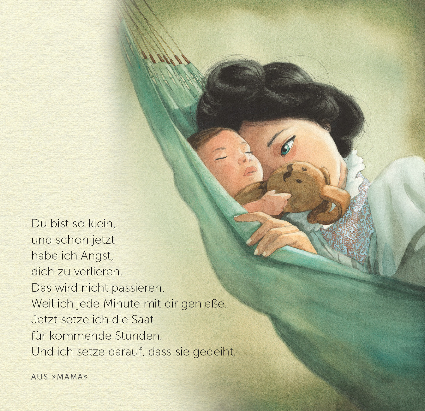 Gezeigt wird eine Innen- oder Zusatzansicht von „Mama – Eine Liebeserklärung an alle Mütter“. Die Illustration zeigt eine ruhige Szene, in der eine Mutter sanft mit ihrem Baby in einer Hängematte schwingt. Sie hat lange, dunkle Haare und trägt ein zartes, helles Kleid. Der Hintergrund ist in sanften pastelligen Farben gehalten, die eine warme Atmosphäre schaffen. Der Text auf der linken Seite ist in einer gut lesbaren, eleganten Schriftart verfasst und vermittelt emotionale Gedanken...