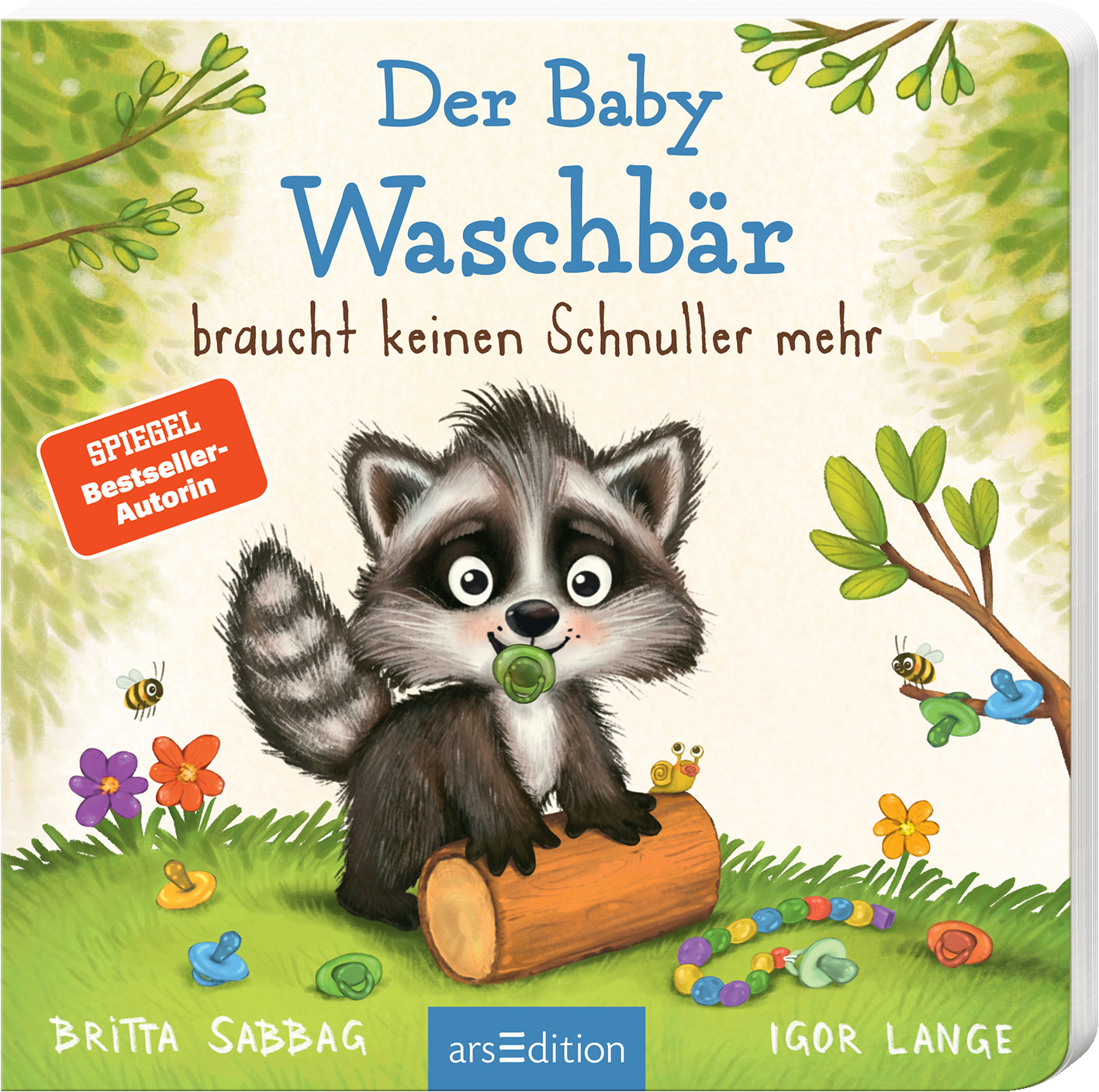 Das Buchcover zeigt einen süßen, cartoonhaften Waschbären, der auf einem Baumstamm sitzt und einen grünen Schnuller in seiner Pfote hält. Der Hintergrund ist hell und freundlich, mit bunten Blumen und Blättern, die die verspielte Atmosphäre unterstreichen. Der Titel „Der Baby Waschbär braucht keinen Schnuller mehr“ ist in einer verschnörkelten Schriftart in Blau gehalten. In der oberen linken Ecke befindet sich ein roter Button mit dem Text „SPIEGEL Bestseller-Autorin“. Ganz...