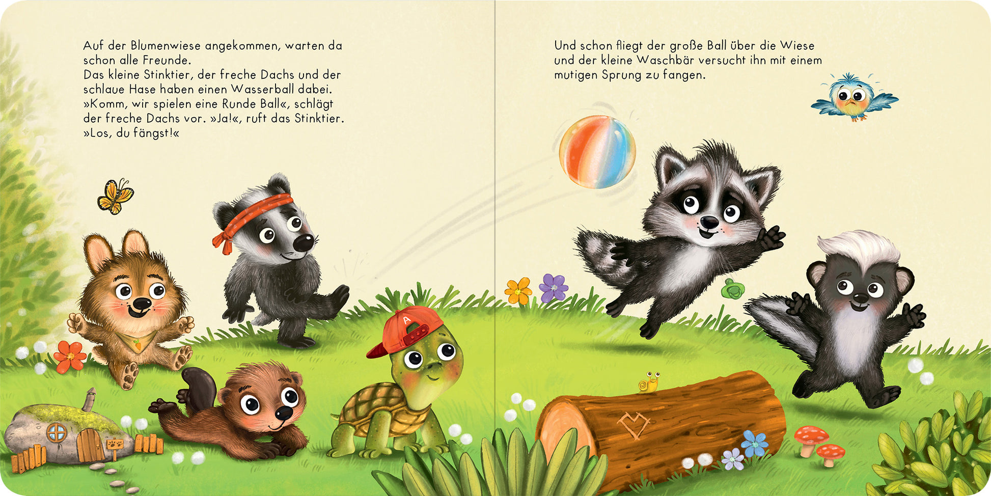 Gezeigt wird eine Innen- oder Zusatzansicht von „Der Baby Waschbär braucht keinen Schnuller mehr“. Auf der Doppelseite sind bunte, kindgerechte Illustrationen zu sehen. Vier tierische Freund:innen, darunter ein Waschbär, ein Dachs und eine Schildkröte, spielen fröhlich im Grünen. Die Farben sind lebhaft und warm, mit viel Grün, Gelb und Blau. Die Schrift ist in klaren, großen Buchstaben gehalten, um die Lesbarkeit zu fördern. Eine fröhliche Atmosphäre wird durch die dynamische...