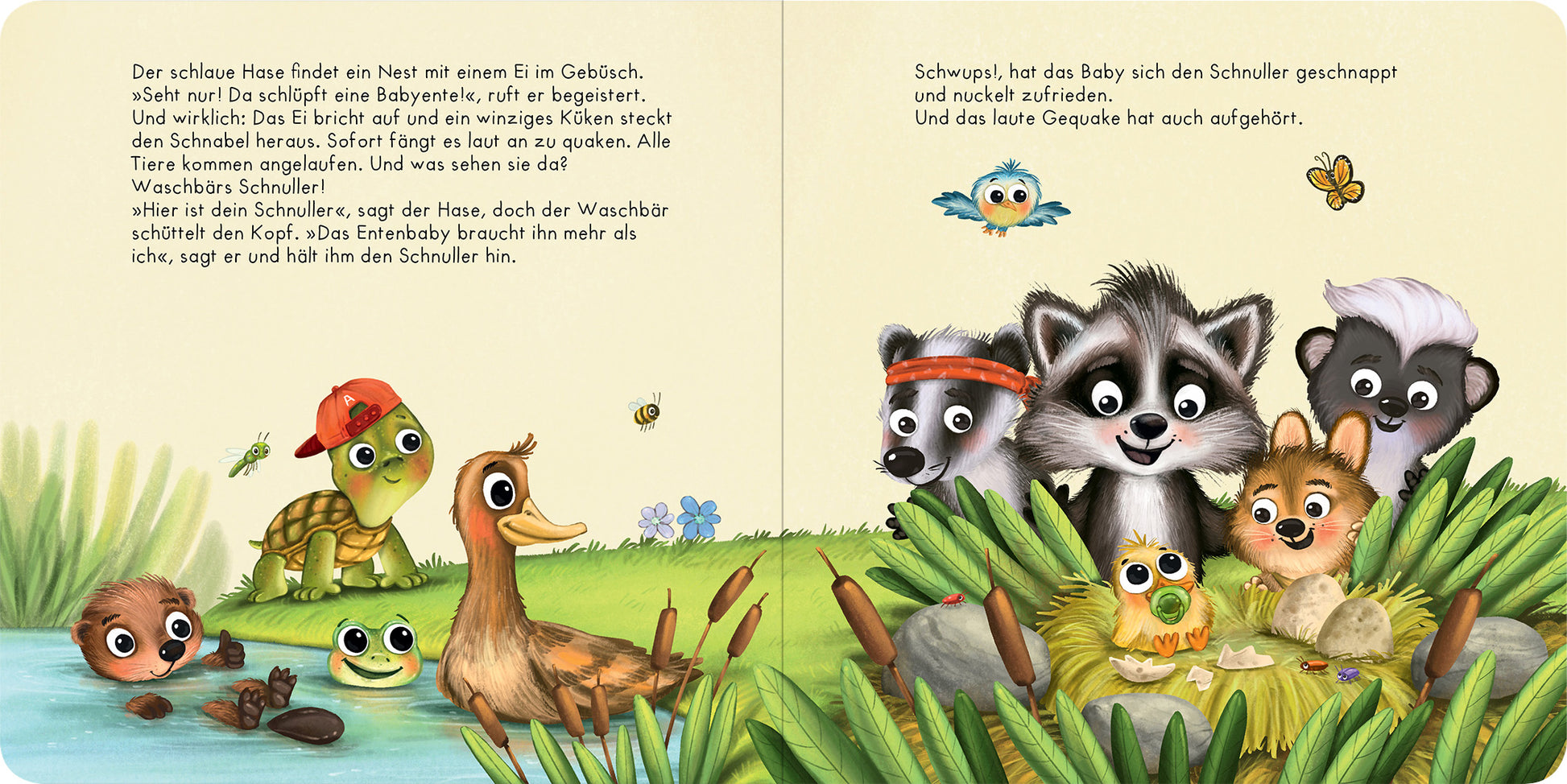 Gezeigt wird eine Innen- oder Zusatzansicht von „Der Baby Waschbär braucht keinen Schnuller mehr“. Die Illustration zeigt eine lebendige Szene am Wasser mit verschiedenen Tieren, darunter ein neugieriger Waschbär, eine fröhliche Ente, ein lächelnder Frosch und ein weiterer kleiner Tierfreund. Die Farben sind sanft und harmonisch, mit grünen Gras- und Blau- sowie Brauntönen im Wasser. Die Schrift ist klar und bunt, um den Text für junge Leser ansprechend zu gestalten.