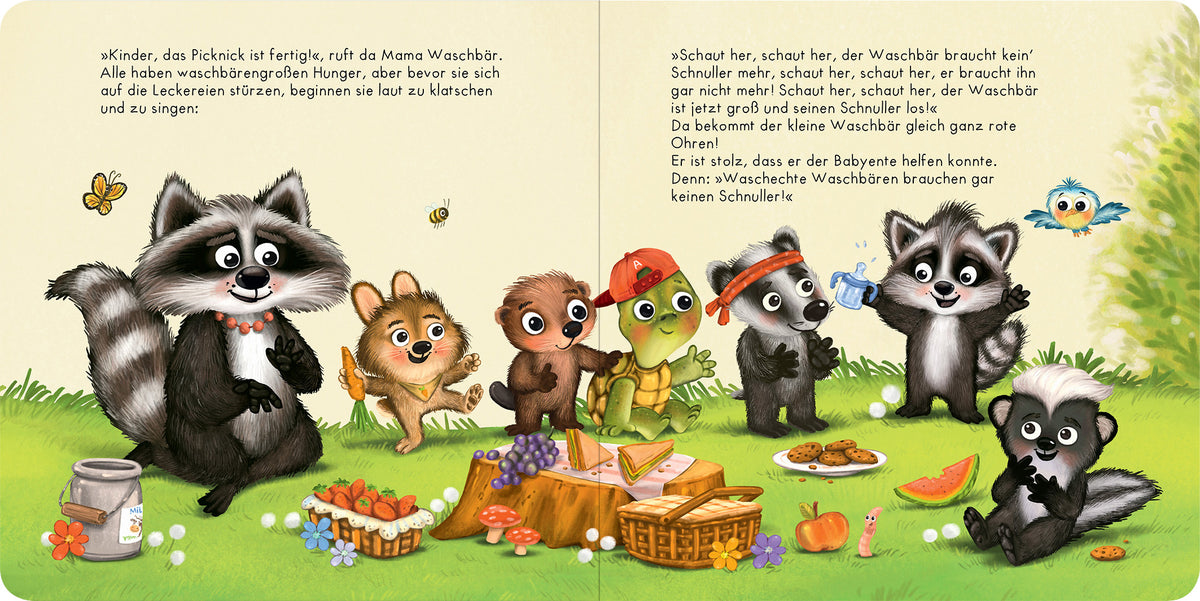 Gezeigt wird eine Innen- oder Zusatzansicht von „Der Baby Waschbär braucht keinen Schnuller mehr“. Die Illustration zeigt eine fröhliche Gruppe von tierischen Charakteren, darunter Waschbären und andere Tiere, die um einen Picknickplatz versammelt sind. Die Farben sind lebhaft und einladend, mit viel grünem Gras, bunten Früchten und einem blauen Himmel. Die Typografie ist freundlich und kindgerecht, betont durch große, verspielte Buchstaben, die die Botschaft des Textes unterstreichen.