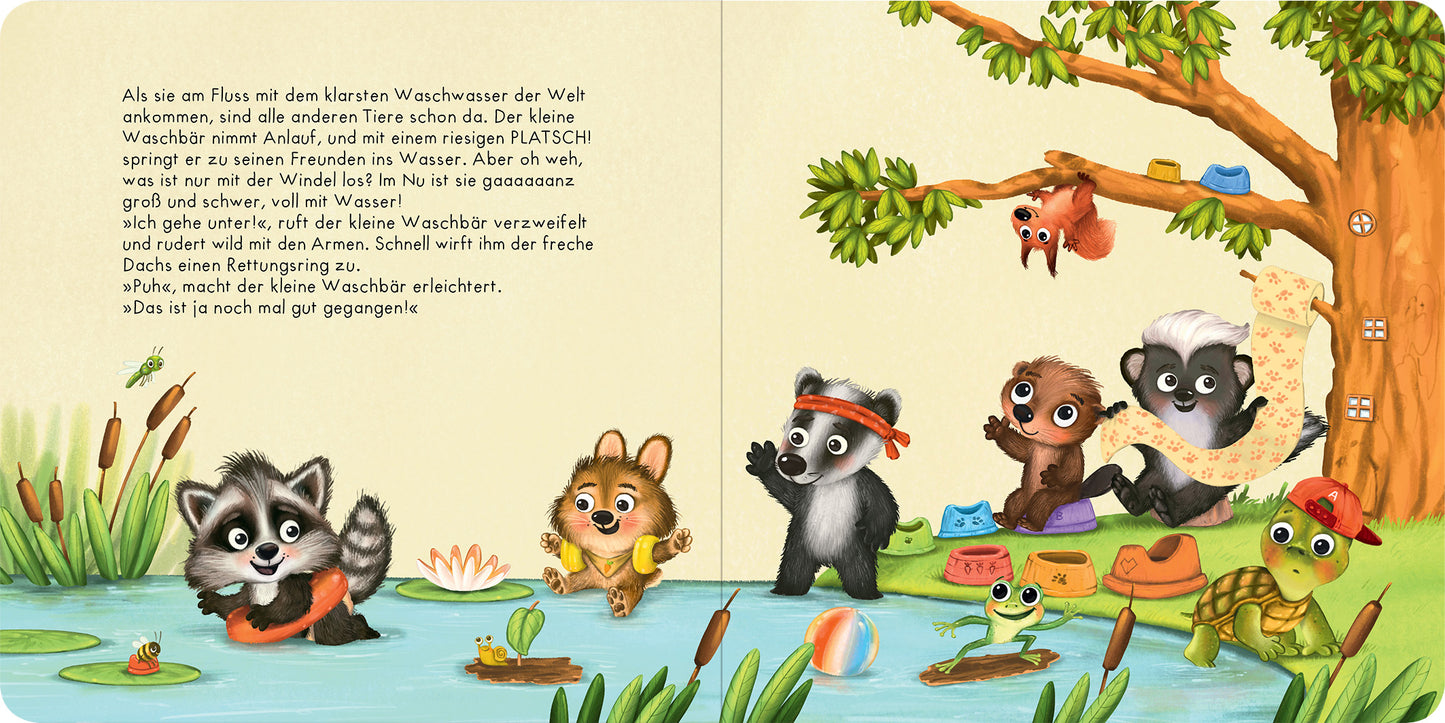 Gezeigt wird eine Innen- oder Zusatzansicht von „Der Baby Waschbär braucht keine Windel mehr“. Auf der doppelten Seite sind mehrere niedliche Tierfiguren abgebildet, darunter ein Waschbär, ein Fuchs und eine Schildkröte, die am Ufer eines ruhigen Flusses spielen. Die Farbpalette umfasst sanfte Grüntöne, lebhafte Orange- und Blautöne. Der Text ist in einer gut lesbaren, geschwungenen Typografie gehalten, die mit verspielten Illustrationen kombiniert ist, die die fröhliche Atmosphäre...