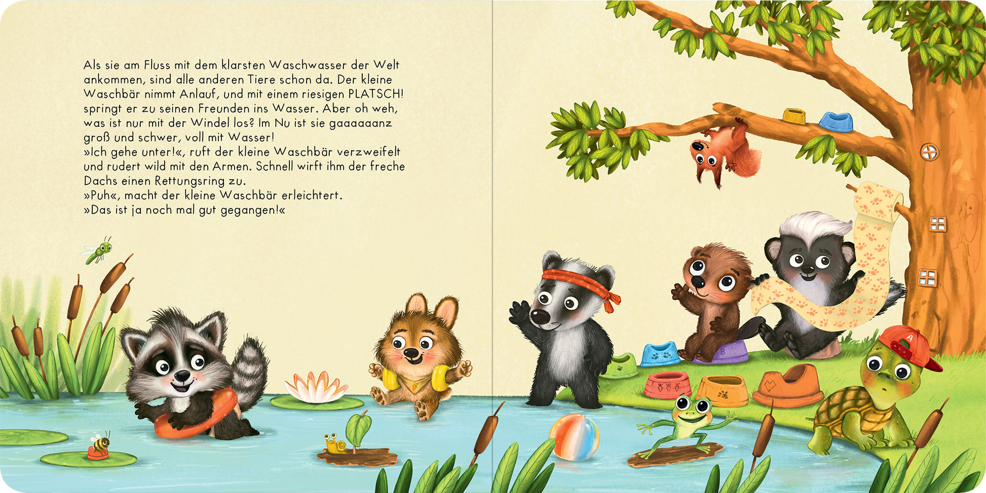 Gezeigt wird eine Innen- oder Zusatzansicht von „Der Baby Waschbär braucht keine Windel mehr“. Auf der doppelten Seite sind mehrere niedliche Tierfiguren abgebildet, darunter ein Waschbär, ein Fuchs und eine Schildkröte, die am Ufer eines ruhigen Flusses spielen. Die Farbpalette umfasst sanfte Grüntöne, lebhafte Orange- und Blautöne. Der Text ist in einer gut lesbaren, geschwungenen Typografie gehalten, die mit verspielten Illustrationen kombiniert ist, die die fröhliche Atmosphäre...