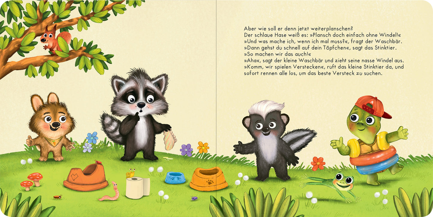 Gezeigt wird eine Innen- oder Zusatzansicht von „Der Baby Waschbär braucht keine Windel mehr“. Die Illustration zeigt lebendige, farbenfrohe Tiere im Spiel bei Tageslicht. Ein Waschbär mit neutralen Farben steht im Mittelpunkt, umgeben von einem kleinen Hund und einem Schildkröte. Die Schrift ist gut lesbar, in einer verspielten, kindgerechten Typografie. Der Hintergrund ist mit sanften grünen Tönen und bunten Blumen gestaltet, was eine fröhliche, einladende Stimmung vermittelt.