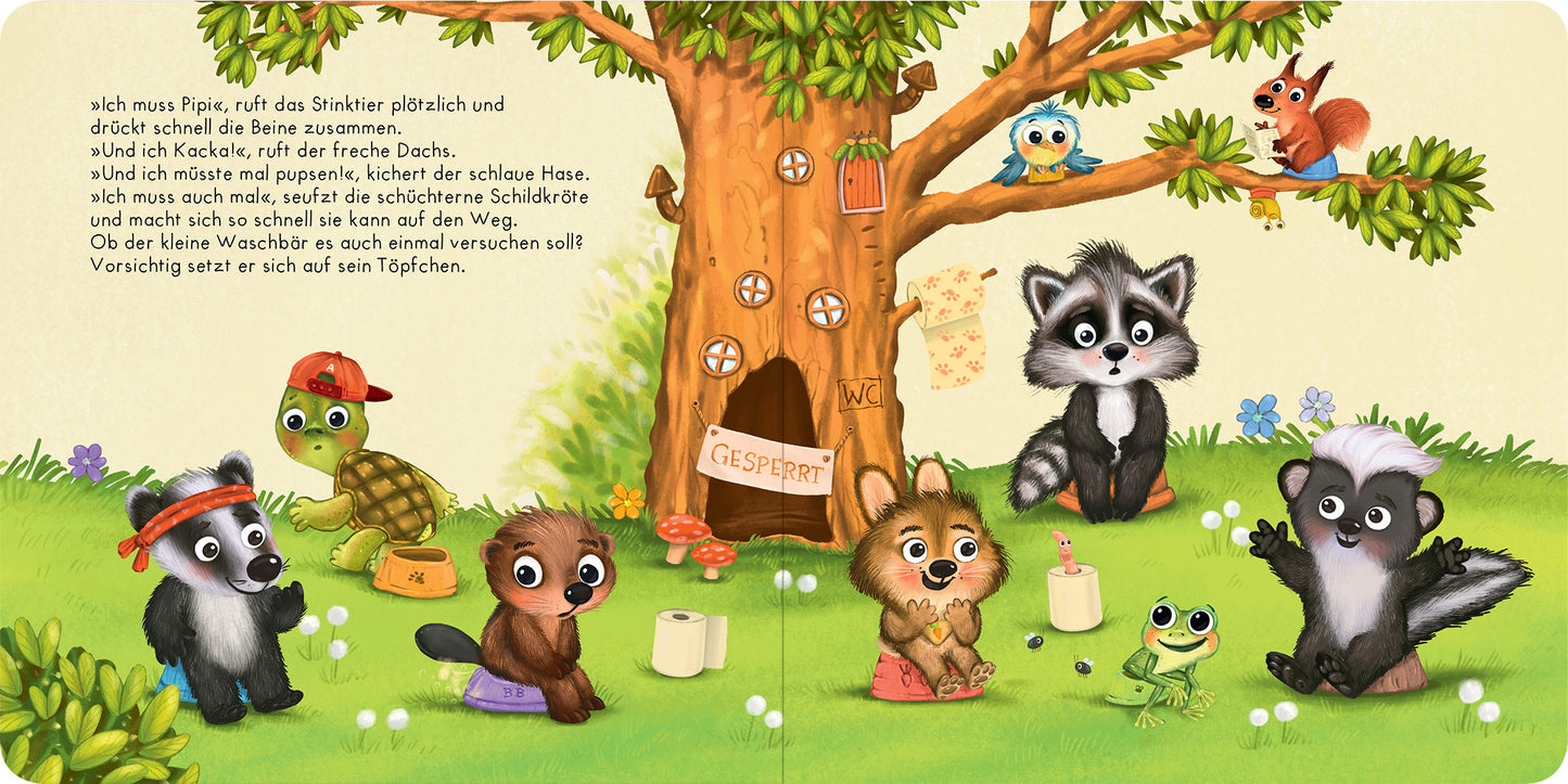 Gezeigt wird eine Innen- oder Zusatzansicht von „Der Baby Waschbär braucht keine Windel mehr“. Die Illustration zeigt eine lebendige Waldszene mit bunten, cartoonhaften Tieren, darunter ein Waschbär, ein Hase, eine Schildkröte und ein Frosch, die fröhlich um einen Baum versammelt sind. Der Baum ist orange-braun mit einem gemütlichen Höhlenzugang. Der Hintergrund ist in verschiedenen Grüntönen gehalten, während die Typografie klar und freundlich wirkt, die zentrale Botschaft visuell...