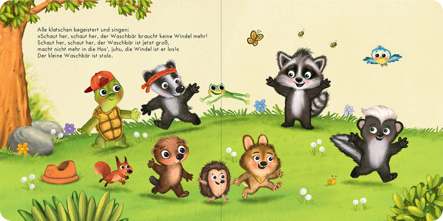 Gezeigt wird eine Innen- oder Zusatzansicht von „Der Baby Waschbär braucht keine Windel mehr“. Die Illustration zeigt eine fröhliche Szene im Freien mit mehreren bunten Tierfiguren, darunter ein Waschbär, eine Schildkröte und ein Eichhörnchen. Die Tiere tanzen und singen um eine grüne Wiese, umgeben von bunten Blumen und Bäumen. Die Farben sind lebhaft, mit einem klaren Blau für den Himmel und satten Grüntönen. Die Schrift ist kindgerecht und freundlich gestaltet, um die Botschaft...