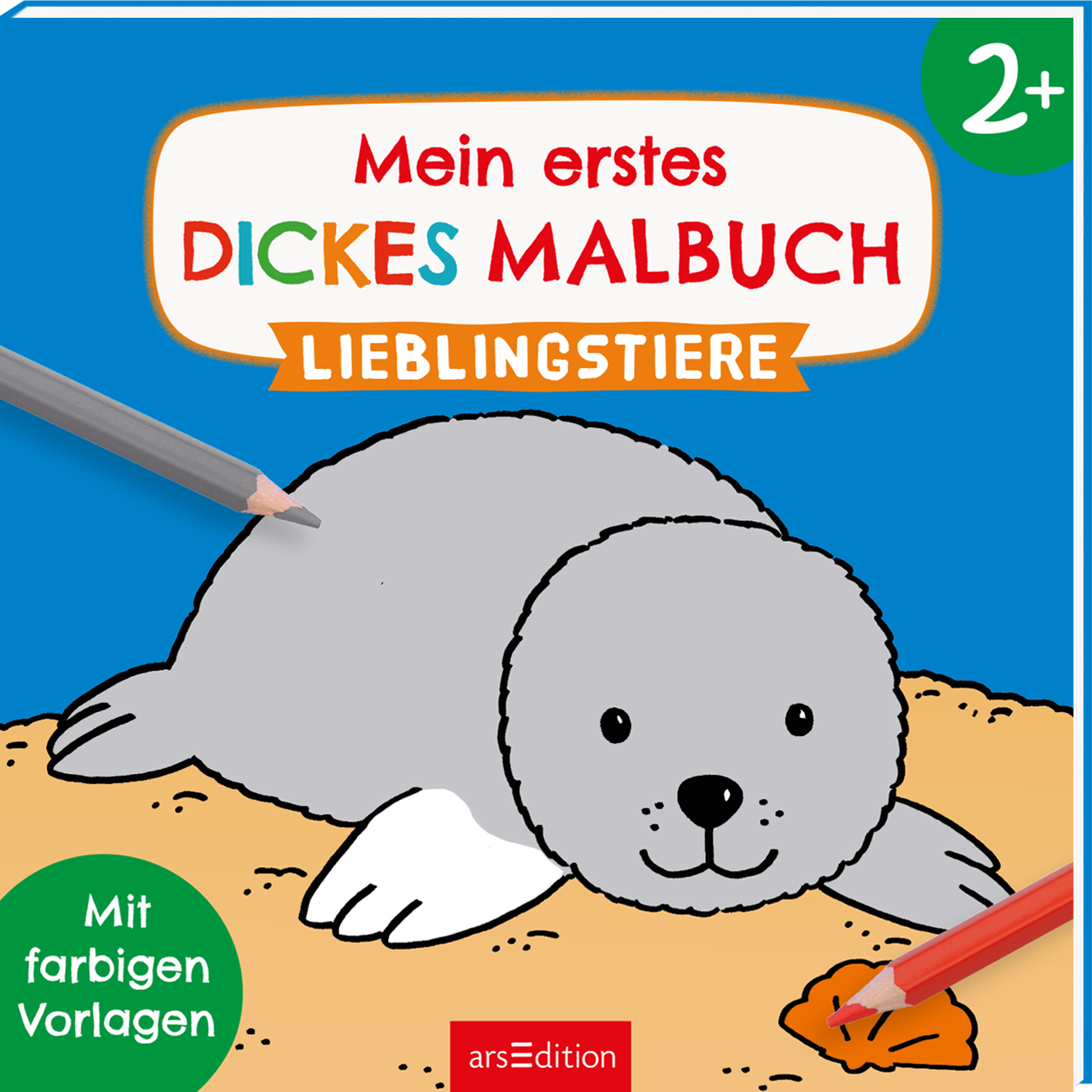Das Buchcover zeigt eine freundliche Robbe in sanften Grautönen, die auf einem sandfarbenen Untergrund liegt. Der Hintergrund ist leuchtend blau und vermittelt eine fröhliche Stimmung. Oben steht in roten und blauen Buchstaben der Titel „Mein erstes DICKES MALBUCH“, während der Untertitel „LIEBLINGSTIERE“ in einem gelben Banner hervorgehoben ist. In der oberen rechten Ecke ist ein grüner Kreis mit der Zahl „2+“ zu sehen. Ganz unten mittig steht der Logoschriftzug von arsEdition.