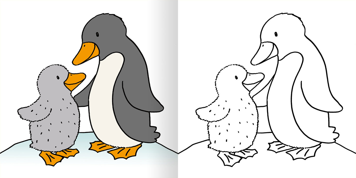 Gezeigt wird eine Innen- oder Zusatzansicht von „Mein erstes dickes Malbuch ab 2 – Lieblingstiere“. Die Abbildung zeigt zwei Pinguine, einen großen und einen kleinen, umgeben von sanften Farben. Der große Pinguin ist in Grau mit einem weißen Bauch und orangefarbener Schnabel, der kleine Pinguin ist grau und flauschig. Die linke Seite ist farbig ausgefüllt, während die rechte Seite eine Ausmalvorlage darstellt. Die klare, freundliche Typografie trägt zur kindgerechten Gestaltung bei.